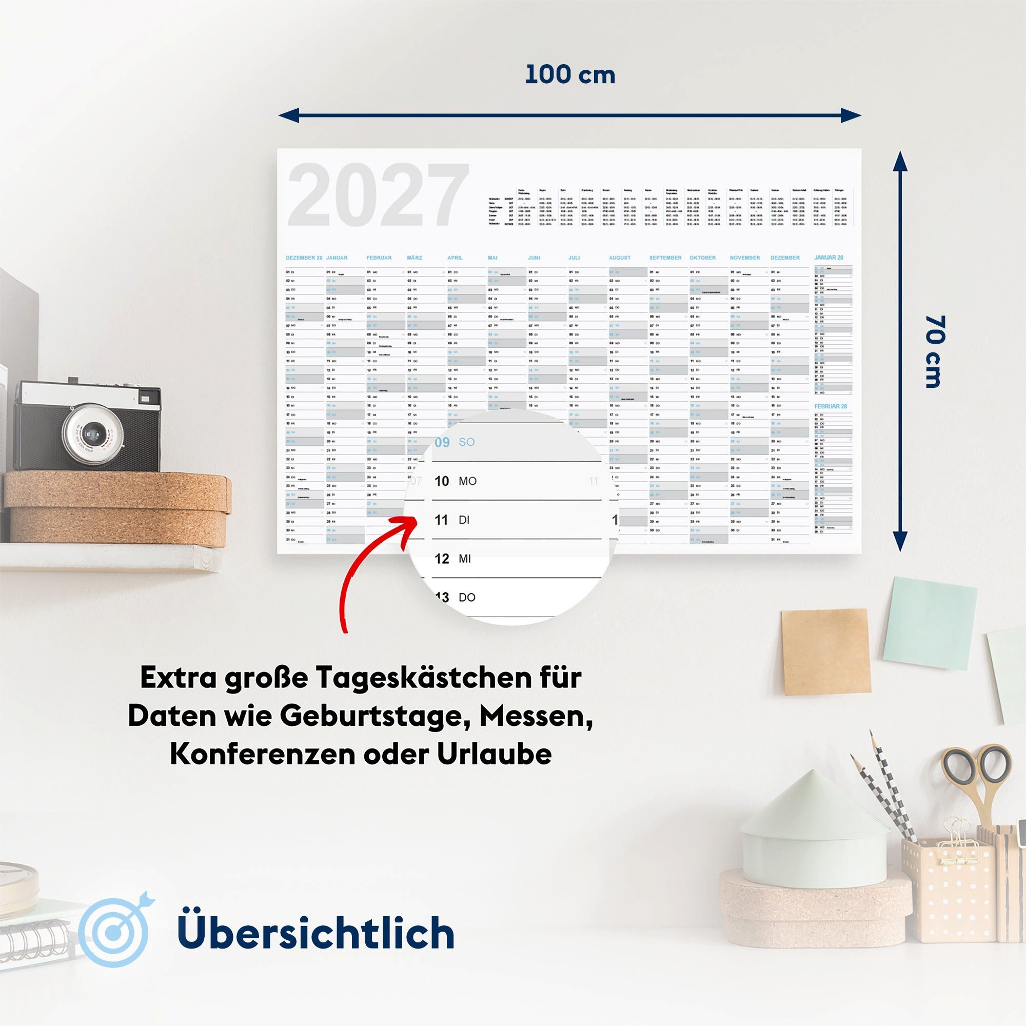 FLYERALARM Wandkalender Jahreskalender 2027 Wandkalender (100x70 cm) + Jan, Feb 2028, Große Felder – Bild 4 von 5