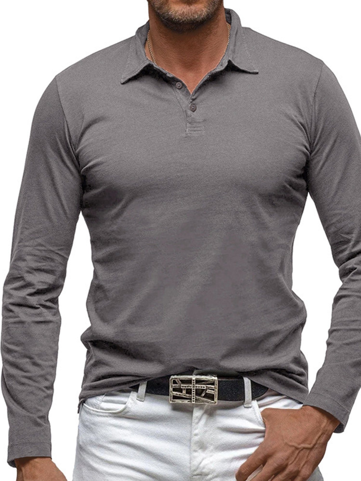 Lapastyle Langarmshirt Herren Einfarbiges Polo-shirt mit Revers und  Knopfversschlus Slim fit, passend zu einer Vielzahl von Freizeitstilen