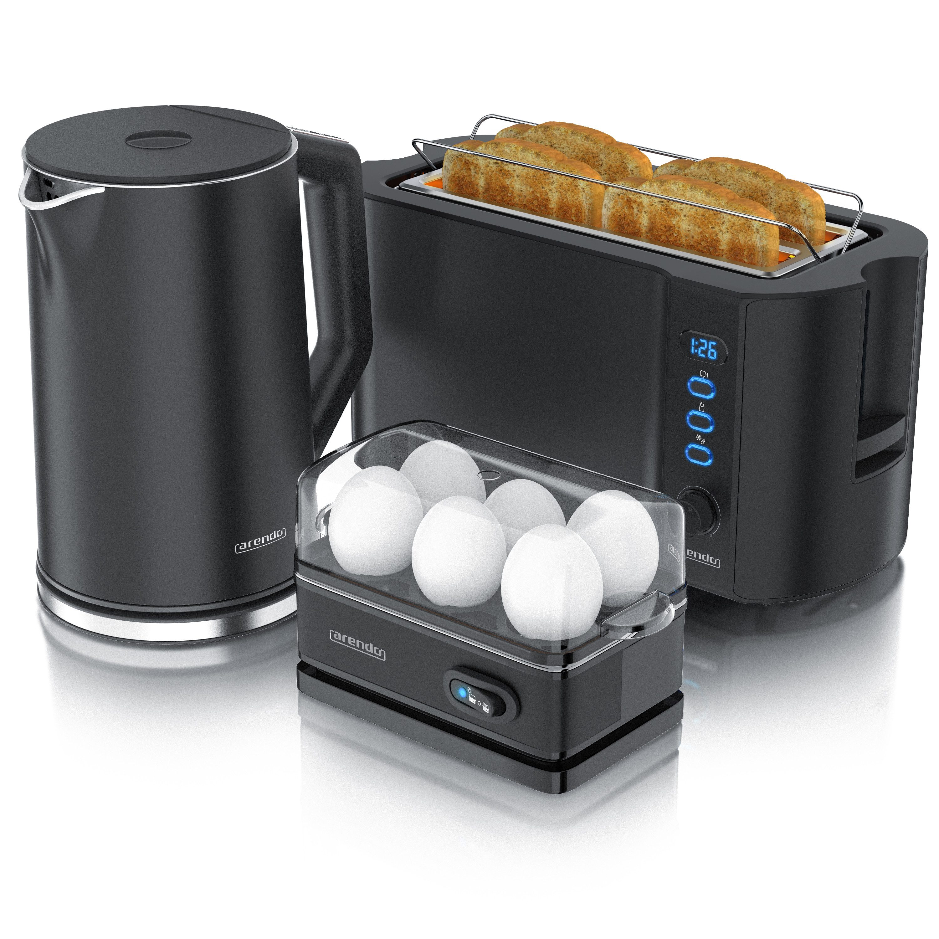 Arendo Frühstücks-Set Wasserkocher 1,5l, 4-Scheiben Toaster, 6er Eierkocher, Schwarz (3-tlg), Edelstahl, BPA-frei, GS-geprüfte Sicherheit, fürs Familienfrühstück