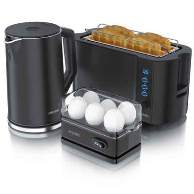 Arendo Frühstücks-Set (3-tlg), Wasserkocher 1,5l, 4-Scheiben Toaster, 6er Eierkocher, Schwarz