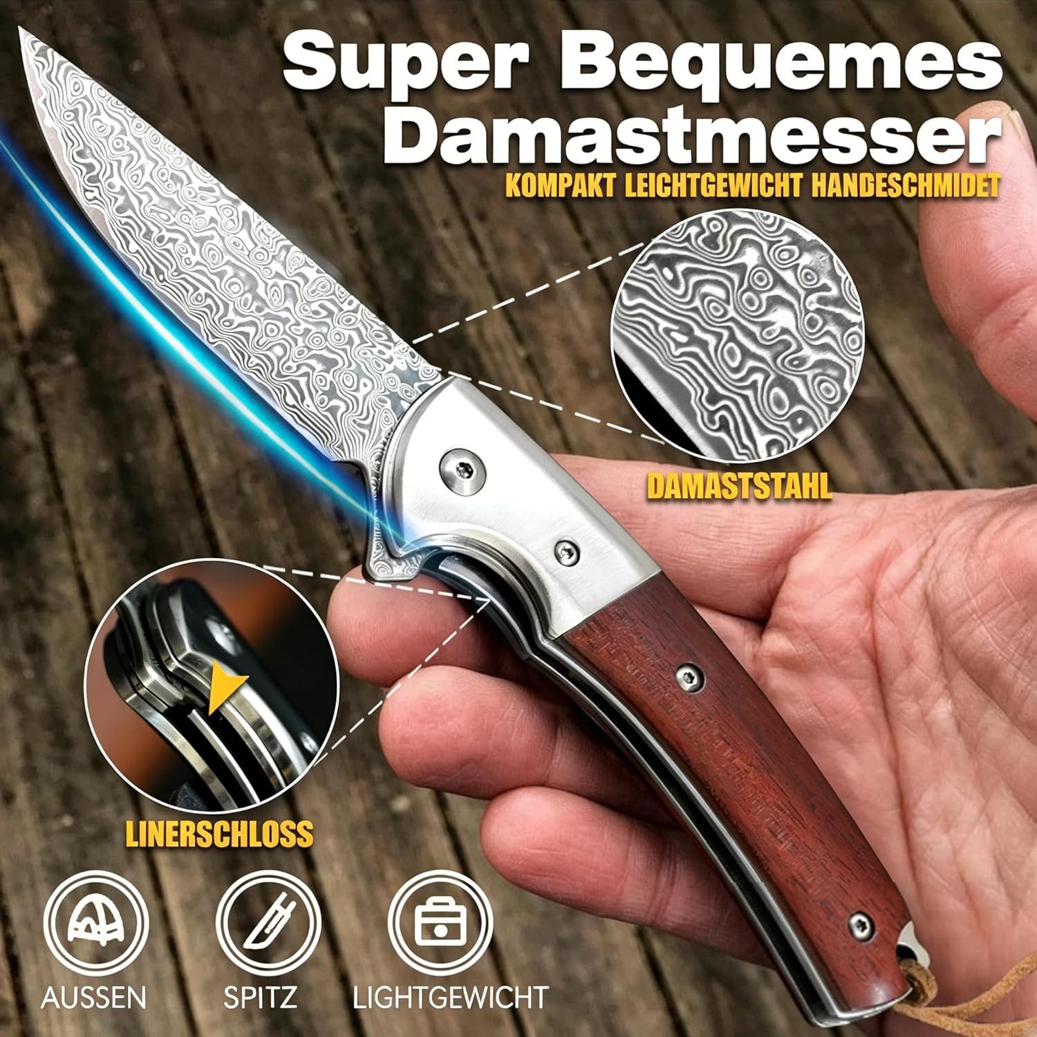 KingLux Taschenmesser Damast klappmesser Taschenmesser Outdoor Messer Zweihandmesser, (1 St) – Bild 5 von 5