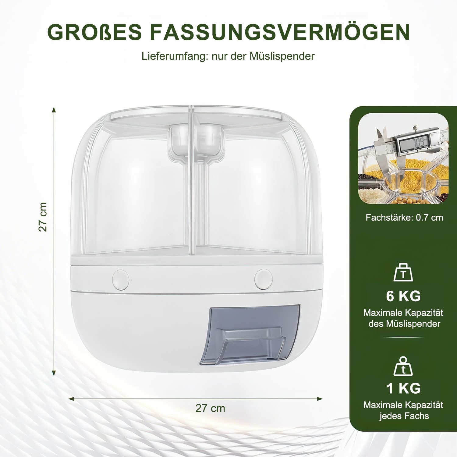 HEYHIPPO Müslispender Reisspender mit 6 kg Fassungsvermögen, Mehrfachfächer 27×27×27 cm, (Eine Packung, 360° drehbarer Reiseimer,Küchen-Aufbewahrungsbehälter mit Fächern,weiß), Vorratsbehälter für Reis und Getreide, feuchtigkeits- & insektenfest