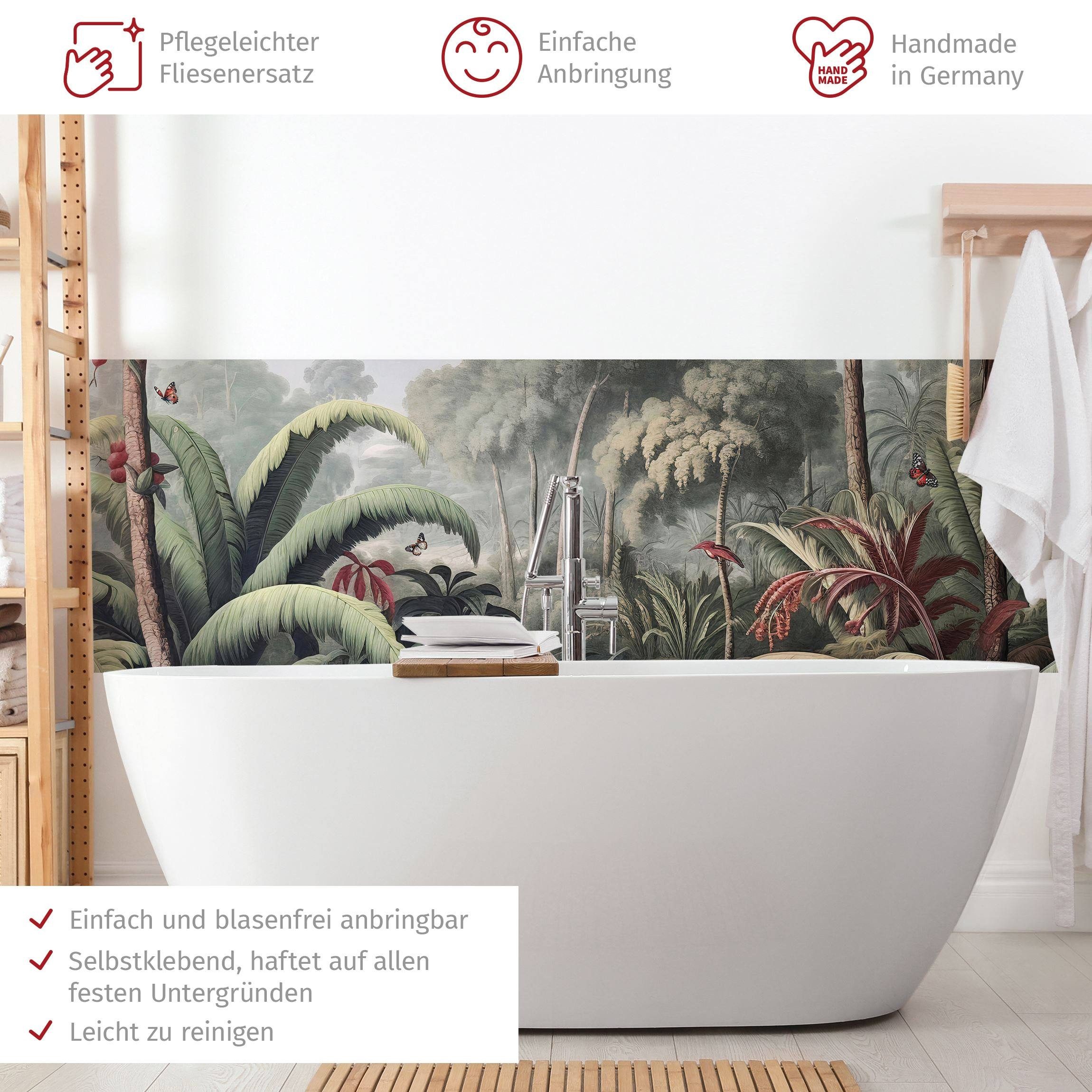 Bilderdepot24 Badrückwand grün fugenlose Wandverkleidung Bad Tropisch, (Hartfolie matt » Selbstklebend SMART 0,35 mm), wasserfestes Wandpaneel Antiker Dschungel roten Früchten