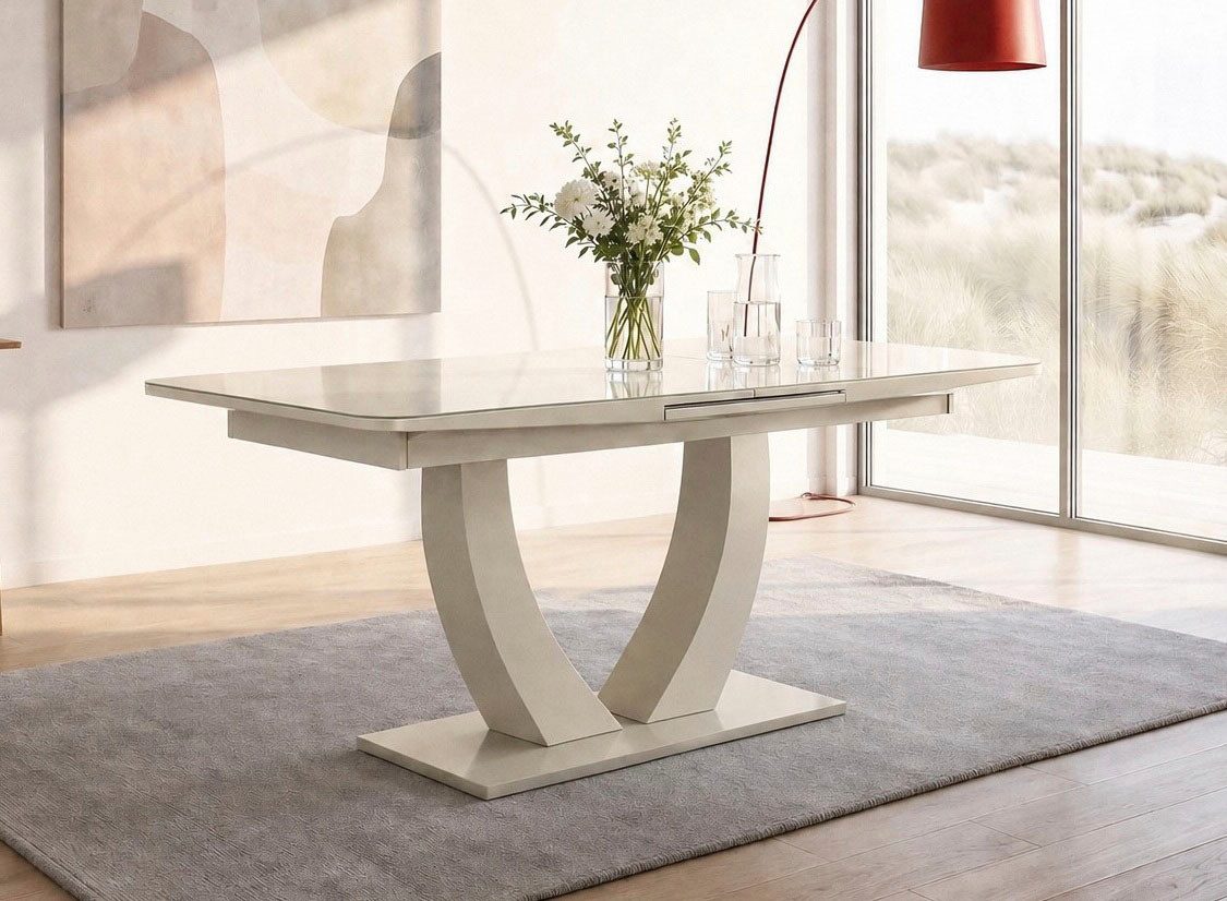 Jockenhöfer Gruppe Esstisch Ulm, NEU in kaschmir, ausziehbar (160-200x90 cm), Glastischplatte, Synchronauszug