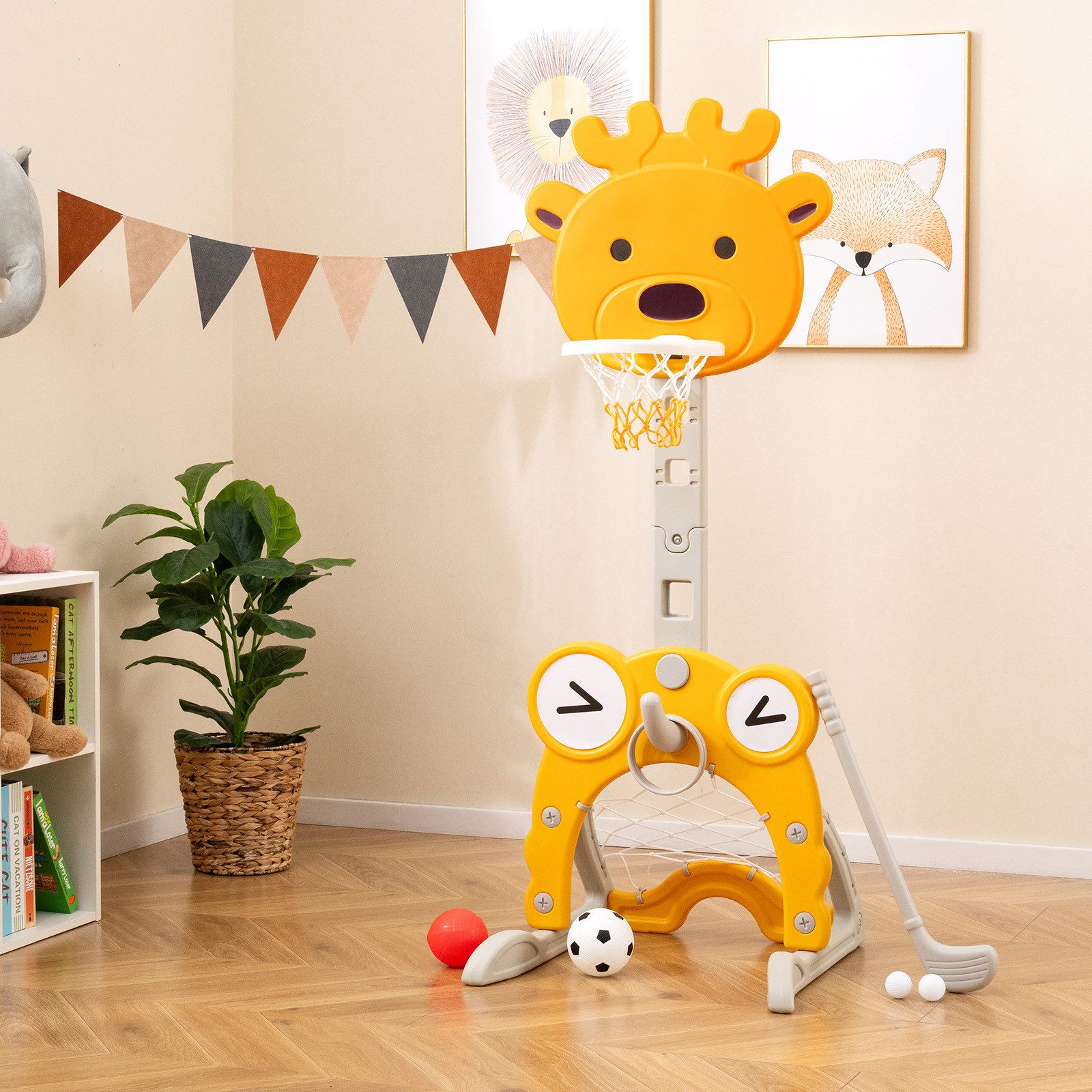 COSTWAY Basketballkorb höhenverstellbares Basketballständer, 4-in-1 Kinder Basketballkorb set, mit Fußballtor