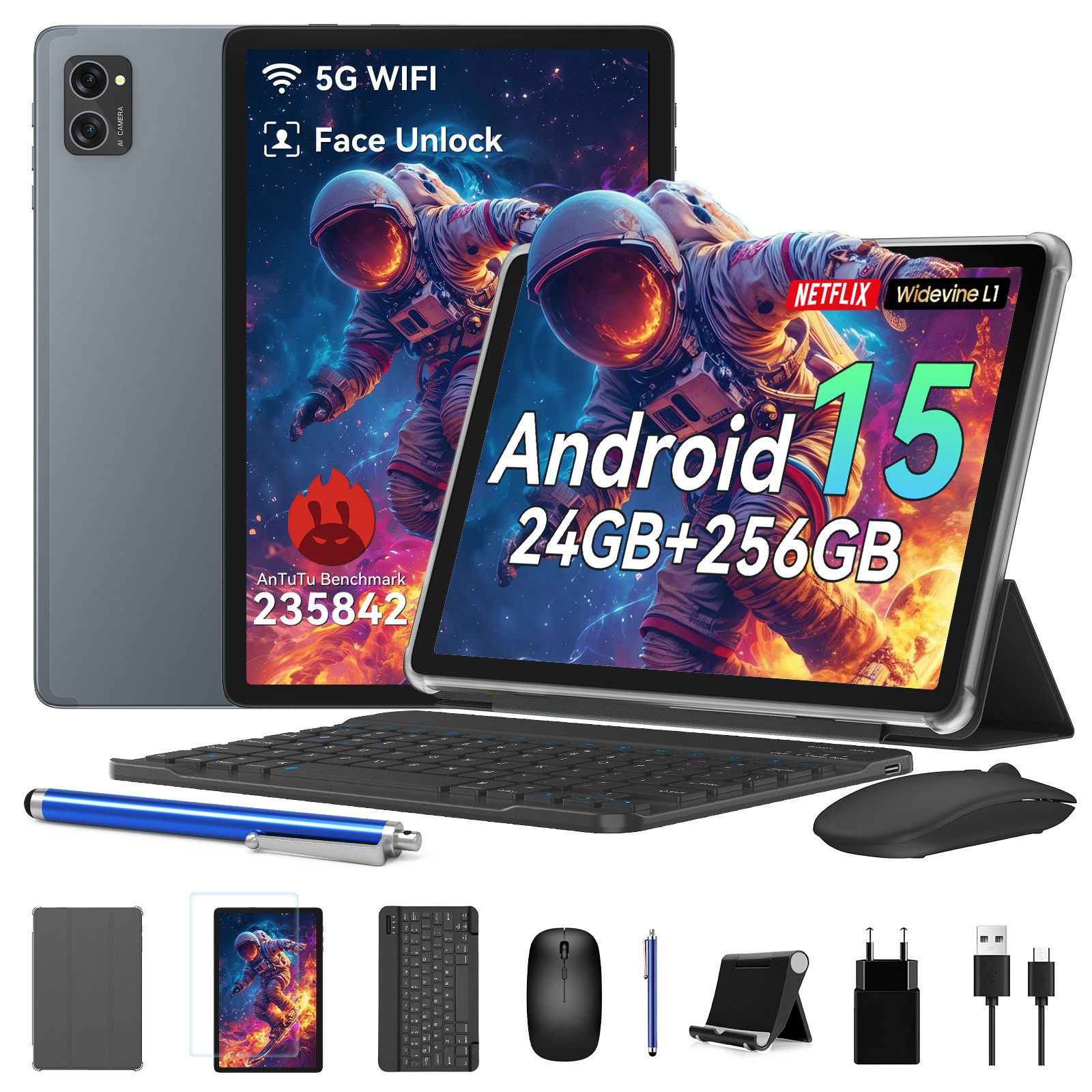 BESTTAB 10" Android 15 Set WiFi 256GB Tablet (10", 256 GB, Android 15, mit Stift/Maus/Tastatur, Gemini Al)