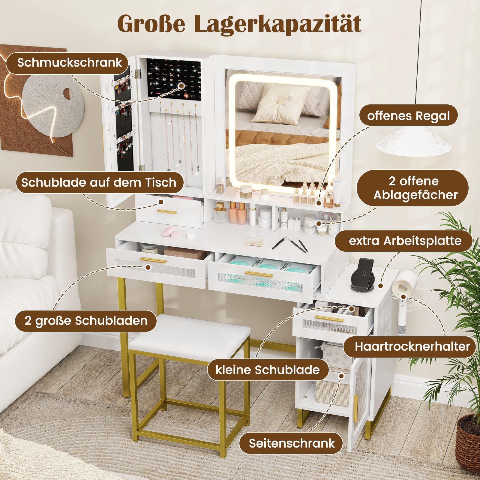 COSTWAY Schminktisch (1-St), mit LED & Ladestation, Hocker, Spiegel, Schubladen