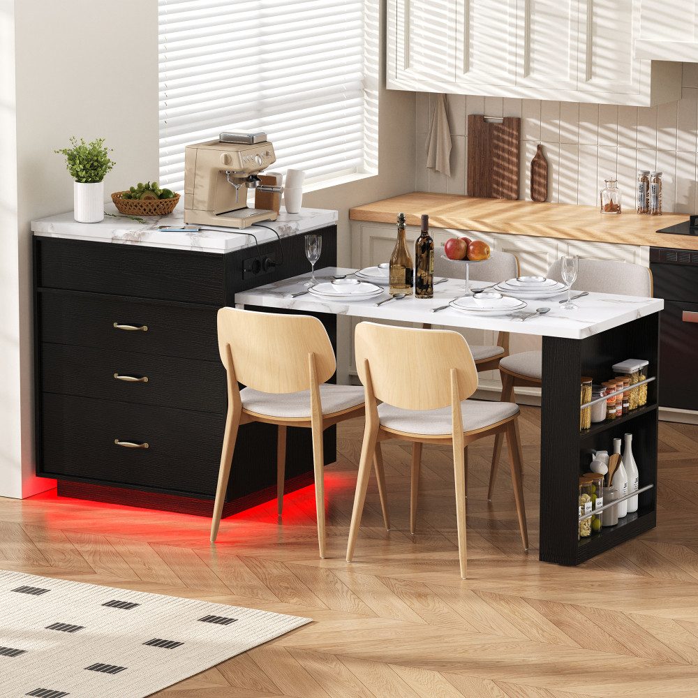 BBWL Kücheninsel mit Rollen Ausziehbarer Esstisch mit LED-Beleuchtung, Steckdosen, Kücheninsel, Sideboard und Bartisch