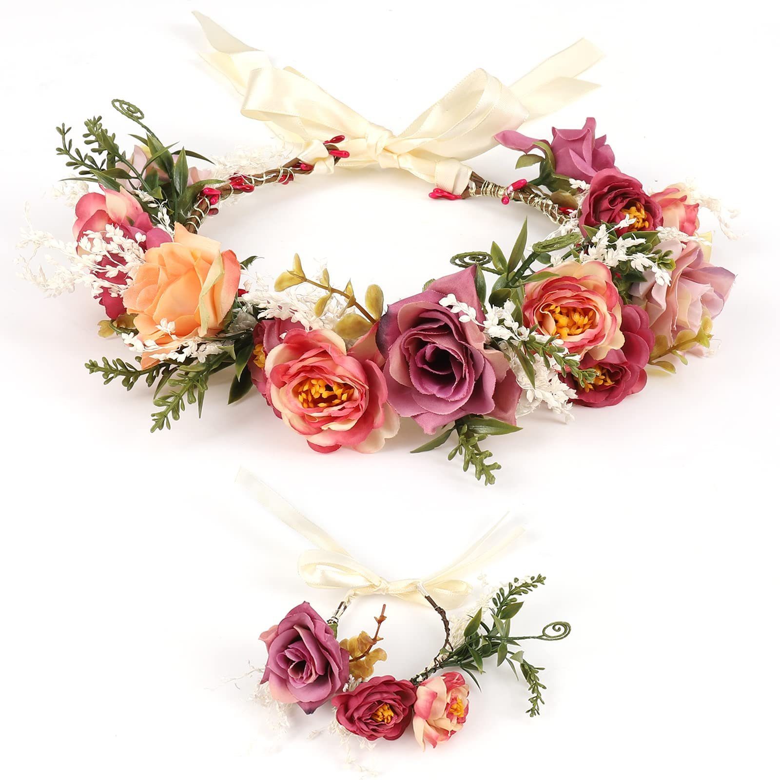 Haargummi POCHUMIDUU Party Strand Damen Haarschmuck Armband-Set, Krone mit Stirnband,Rose Hochzeit Zeremonie für Festival Blume Braut
