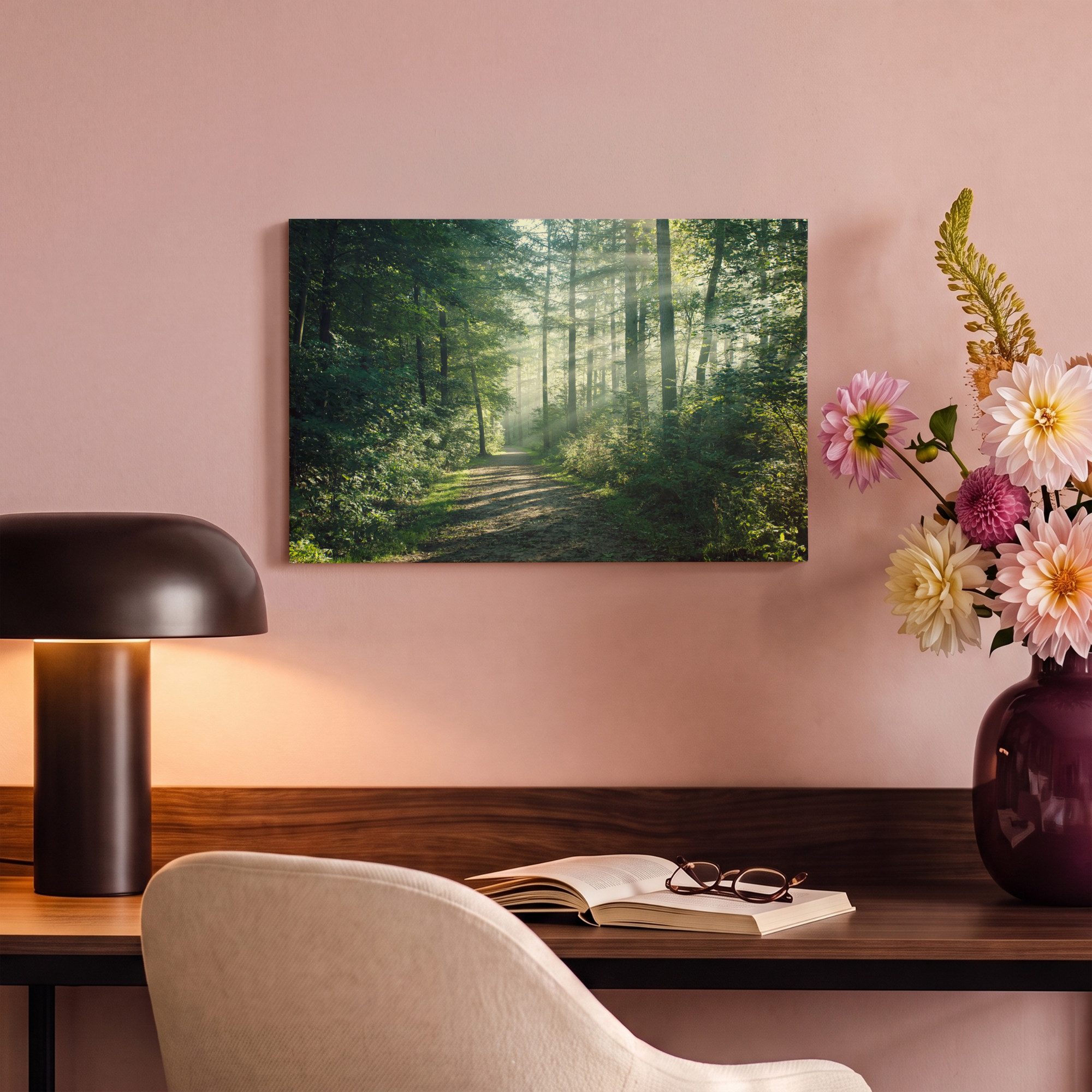 OneMillionCanvasses® Leinwandbild Wald - Weg - Sonne - Bäume - Grün - Natur, Fotodruck (1 St), Leinwand Bilder Klein, Wand Dekoration Aesthetic 30x20 cm – Bild 4 von 5