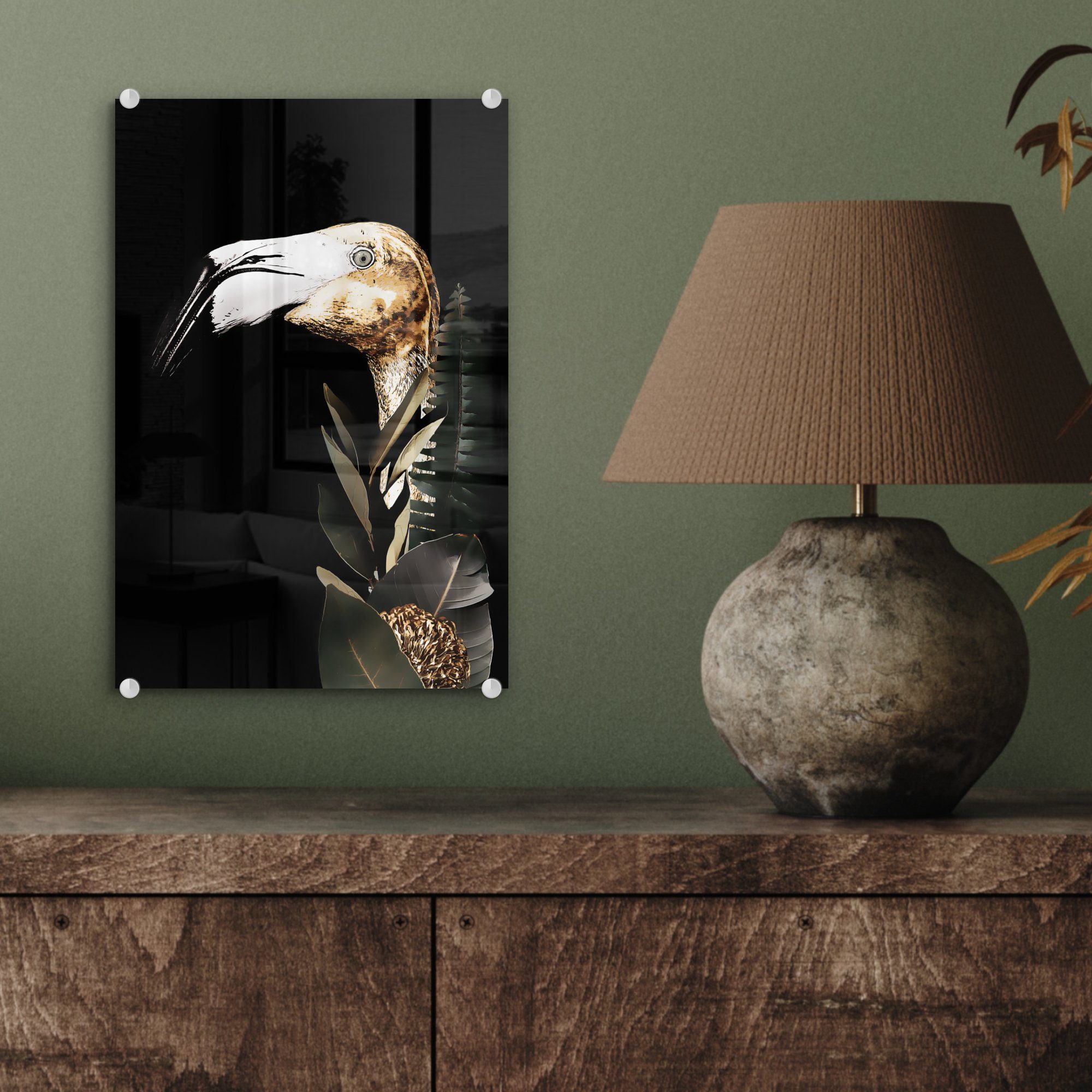 MuchoWow Acrylglasbild Porträt - Bilder Glasbilder (1 - Foto bunt St), - Blätter, auf Glas Glas Wandbild - auf Wanddekoration Flamingo 