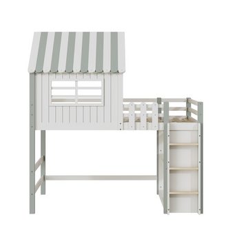 IDEASY Einzelbett Kinderbett 90x200 cm hoch und niedrig Bett für Jungen und (Rundum-Absturzschutz), Mädchen Heimbett Dachform mit Sicherheitsleiter mit Ablagefach