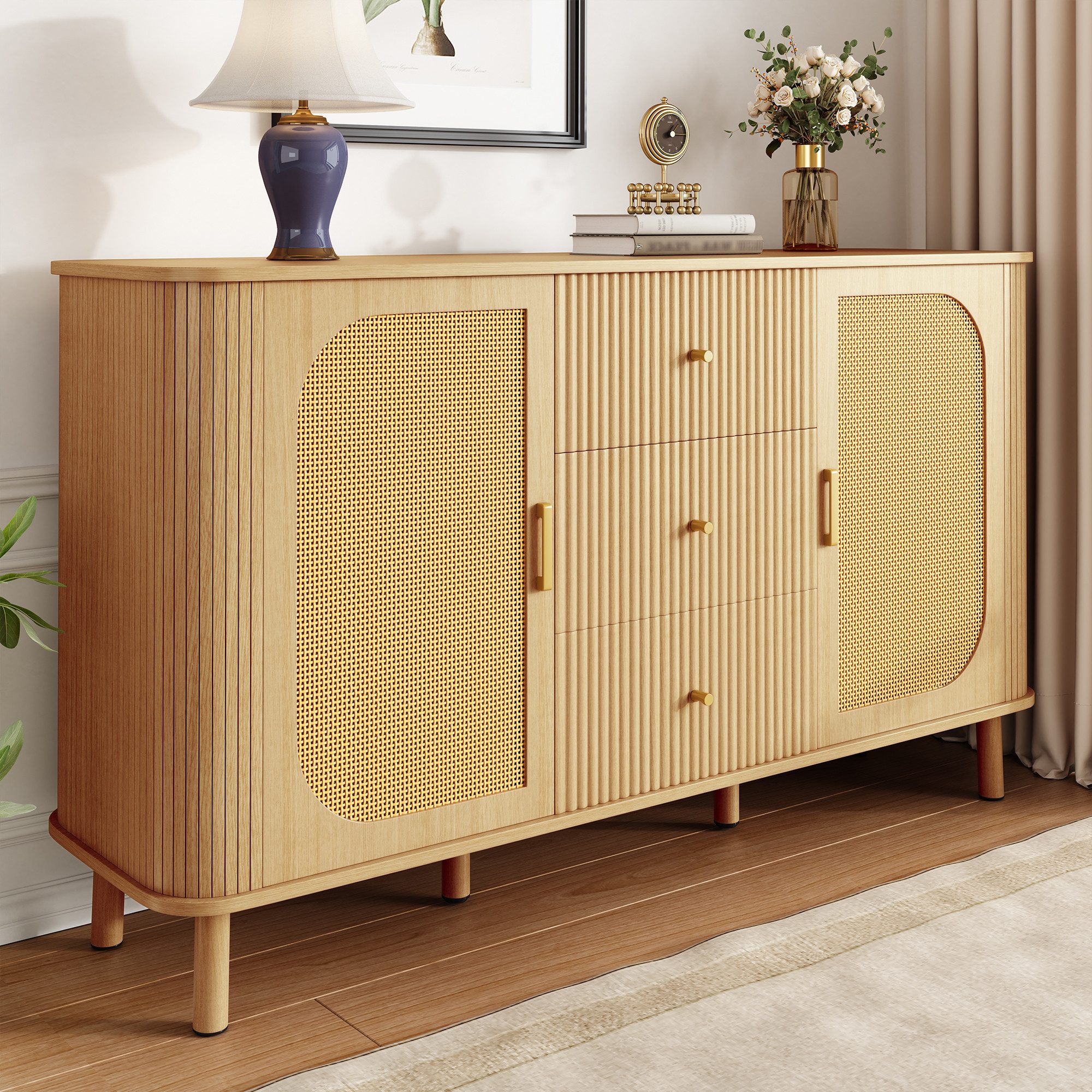 Merax Sideboard mit Metallbeinen in Holzmaserung, Abgerundetes Design (Für günstig online kaufen