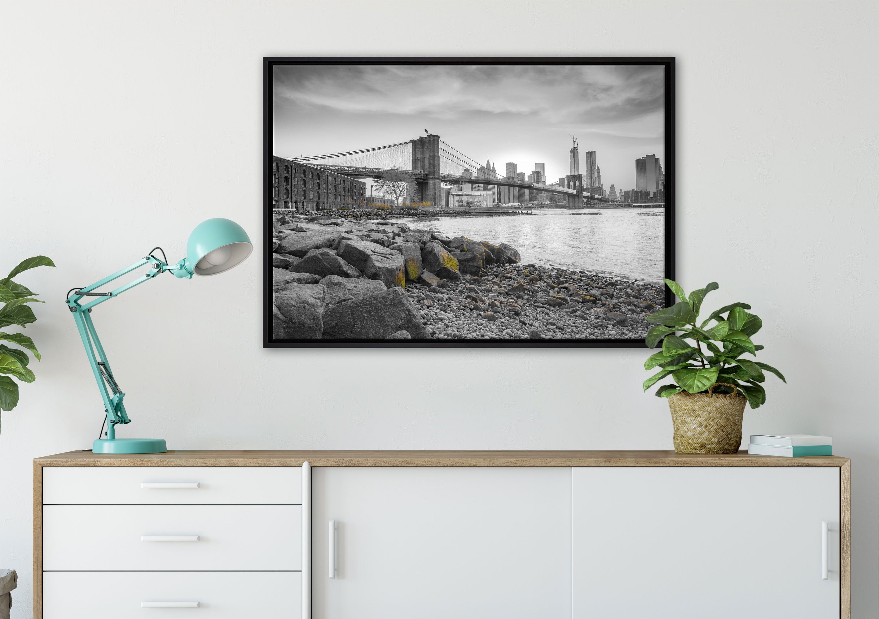(1 fertig Zackenaufhänger Brooklyn gefasst, einem Pixxprint bespannt, schöne in Leinwandbild Leinwandbild Wanddekoration Bridge, inkl. St), Schattenfugen-Bilderrahmen
