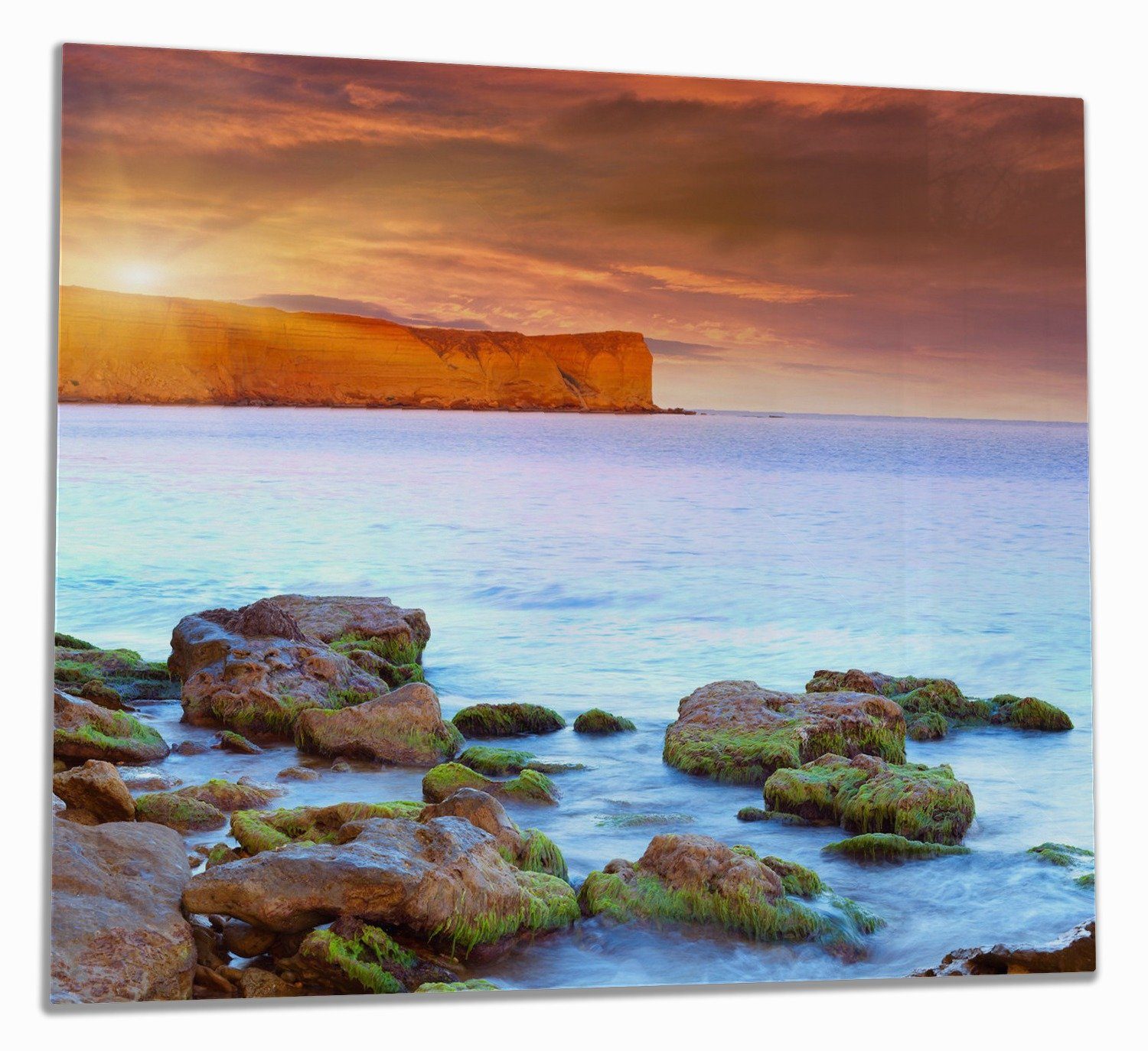 Wallario Herd-Abdeckplatte Sonnenaufgang am Meer mit Landzunge und Felsen im Wasser, ESG-Sicherheitsglas, (Glasplatte, 1 tlg., inkl. 5mm Noppen), verschiedene Größen