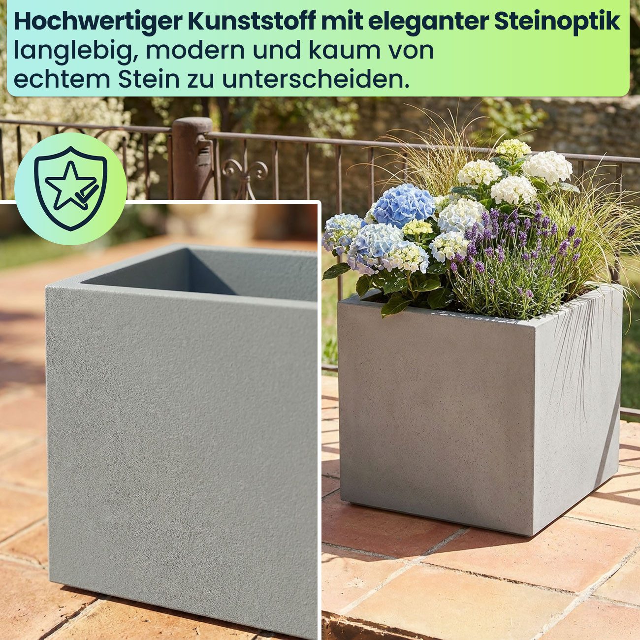 Prosperplast Blumenkasten Quadratischer Blumentopf (38cm, 25L) in Beton-Grau, Kunststoff-Design (3 St)