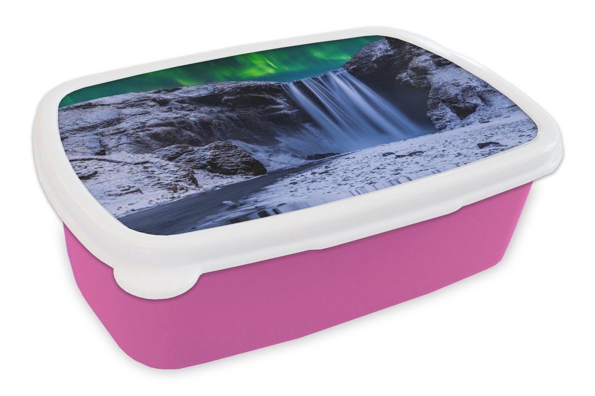 MuchoWow Lunchbox Nordlichter - Wasserfall - Schnee - Island, Kunststoff, (2-tlg), Brotbox für Erwachsene, Brotdose Kinder, Snackbox, Mädchen, Kunststoff rosa