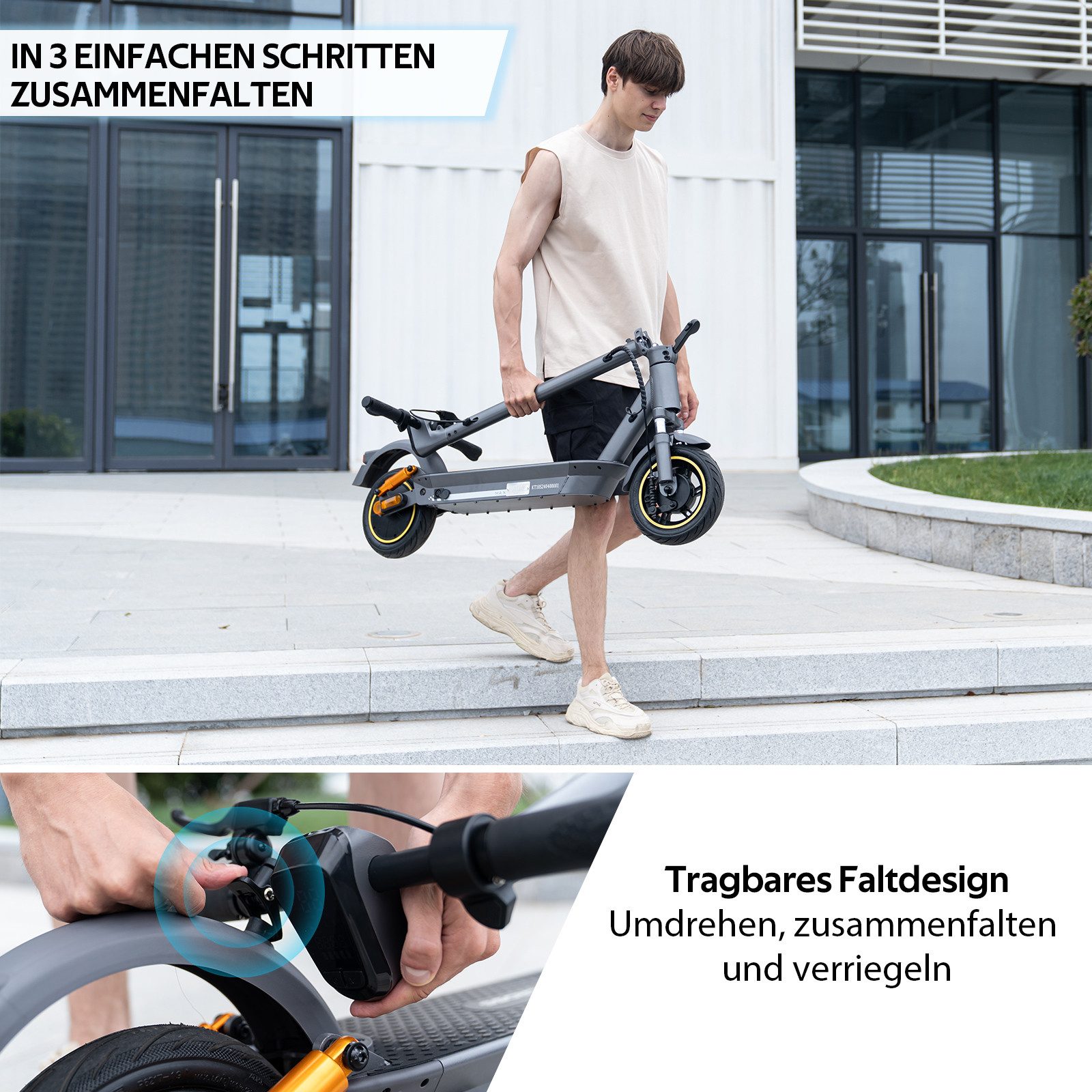 EVERCROSS TECH E-Scooter mit Straßenzulassung (ABE), 10" Runflat Reifen, Blinker, mit APP, 15,6AH Akku, 80KM/150KM, Handtasche, LED-Display
