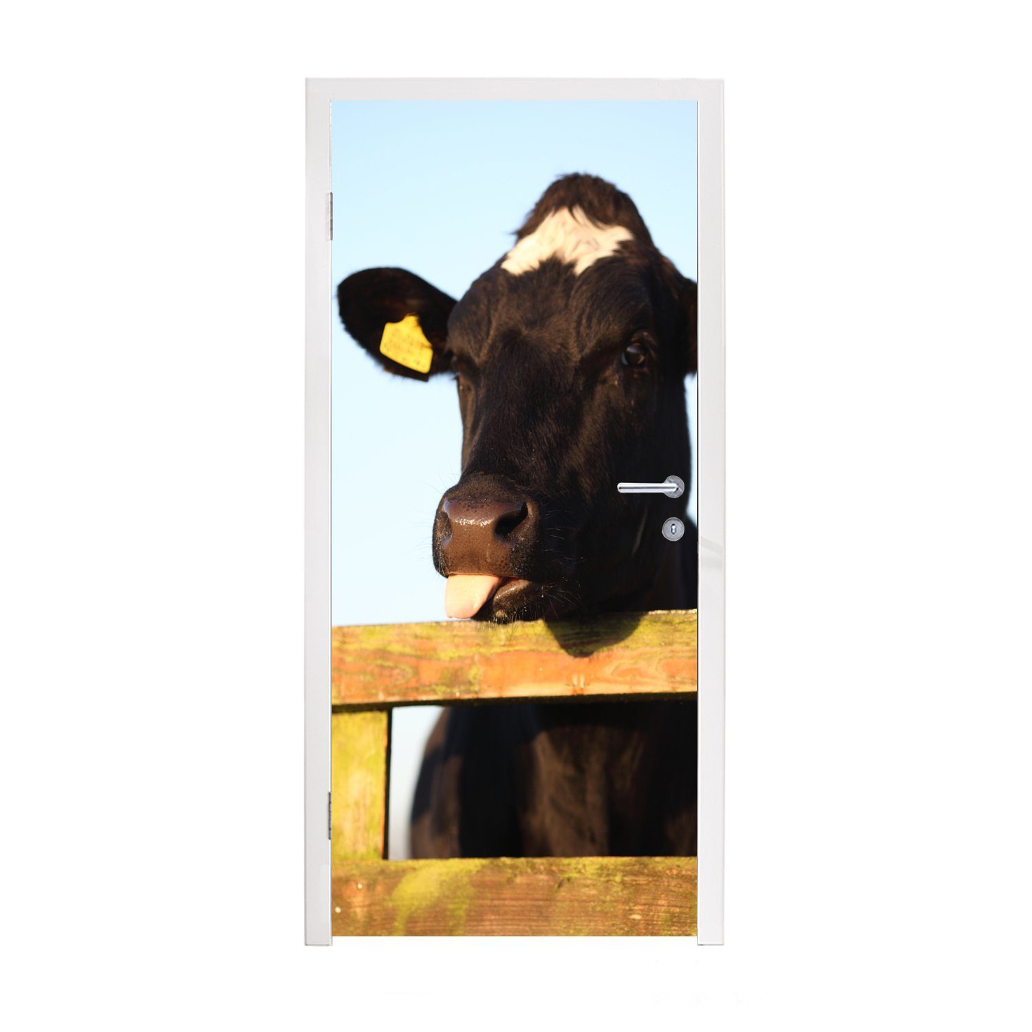 MuchoWow Türtapete Kuh - Etikett - Zaun, Matt, bedruckt, (1 St), Fototapete für Tür, Türaufkleber, 75x205 cm