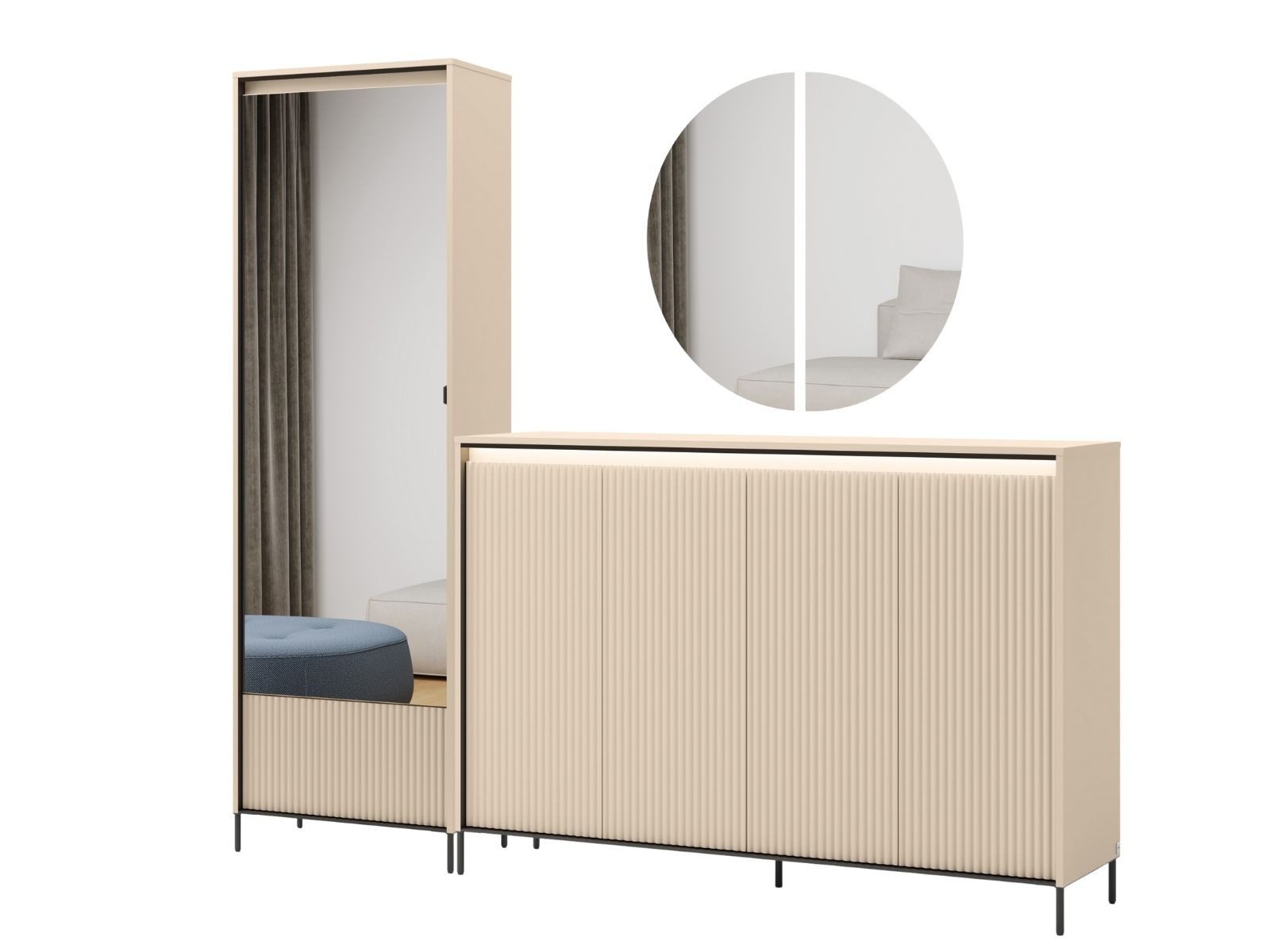 Compleo Garderoben-Set mit Spiegel beige, Garderobenschrank modern mit Lamelllen FLORE