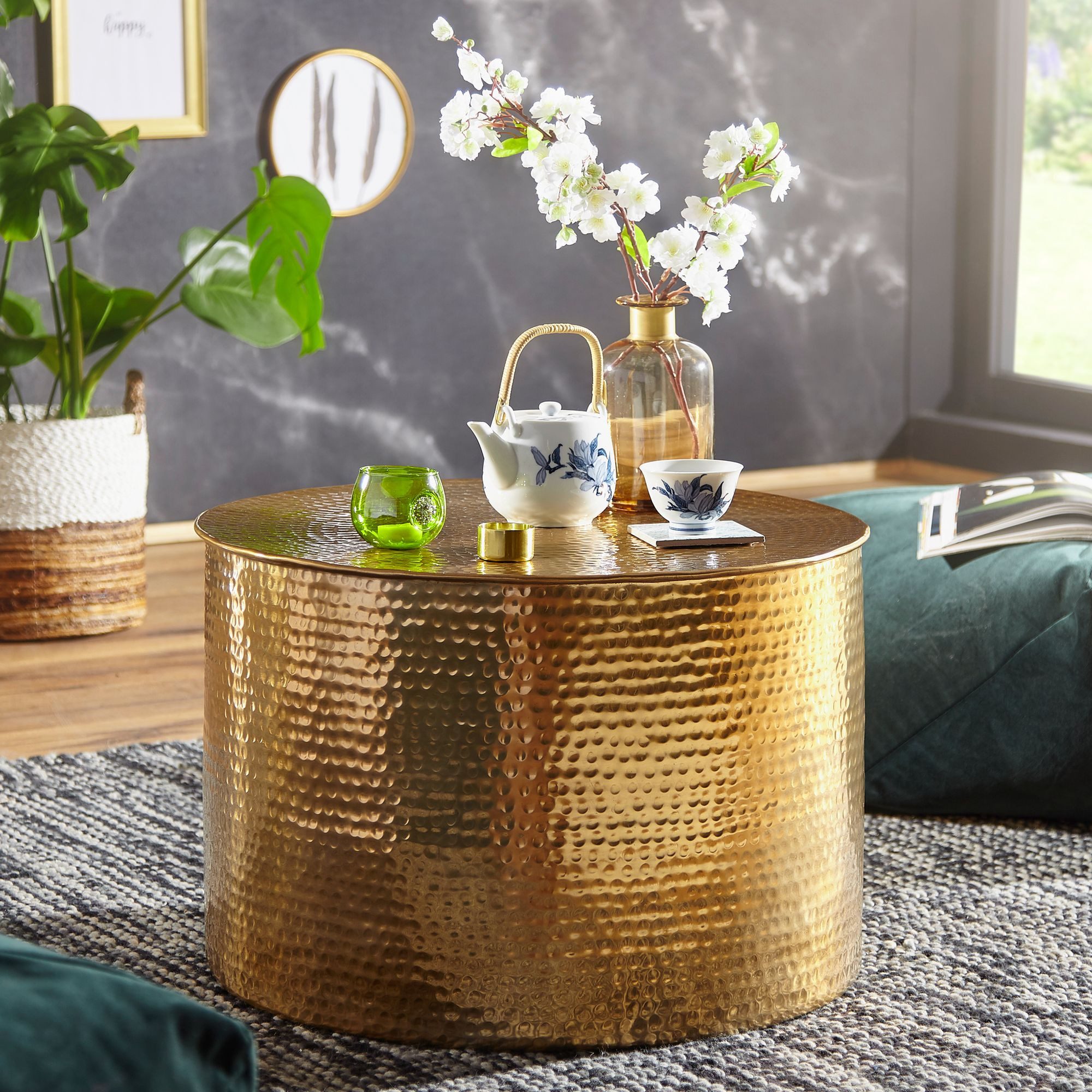 Wohnling Couchtisch WL5.483 Ø 61 cm Wohnzimmertisch Sofatisch Gold Stubentisch Metall (61x40,5x61 cm Aluminium Hammerschlag Gold Rund), Kleiner Wohnzimmertisch, Sofatisch Orientalisch