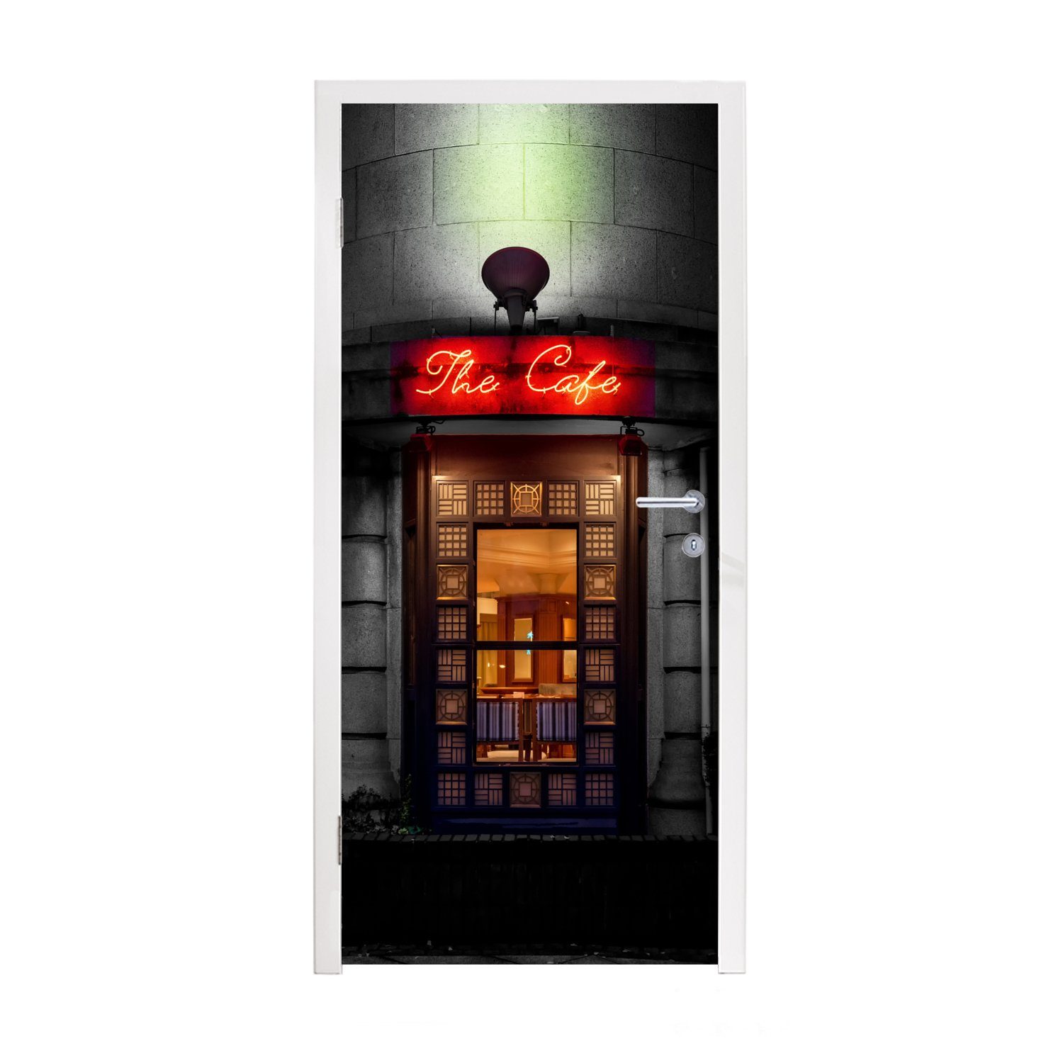 MuchoWow Türtapete Tür - Cafe - Rot - Architektur - Neonlicht, Matt, bedruckt, (1 St), Fototapete für Tür, Türaufkleber, 75x205 cm