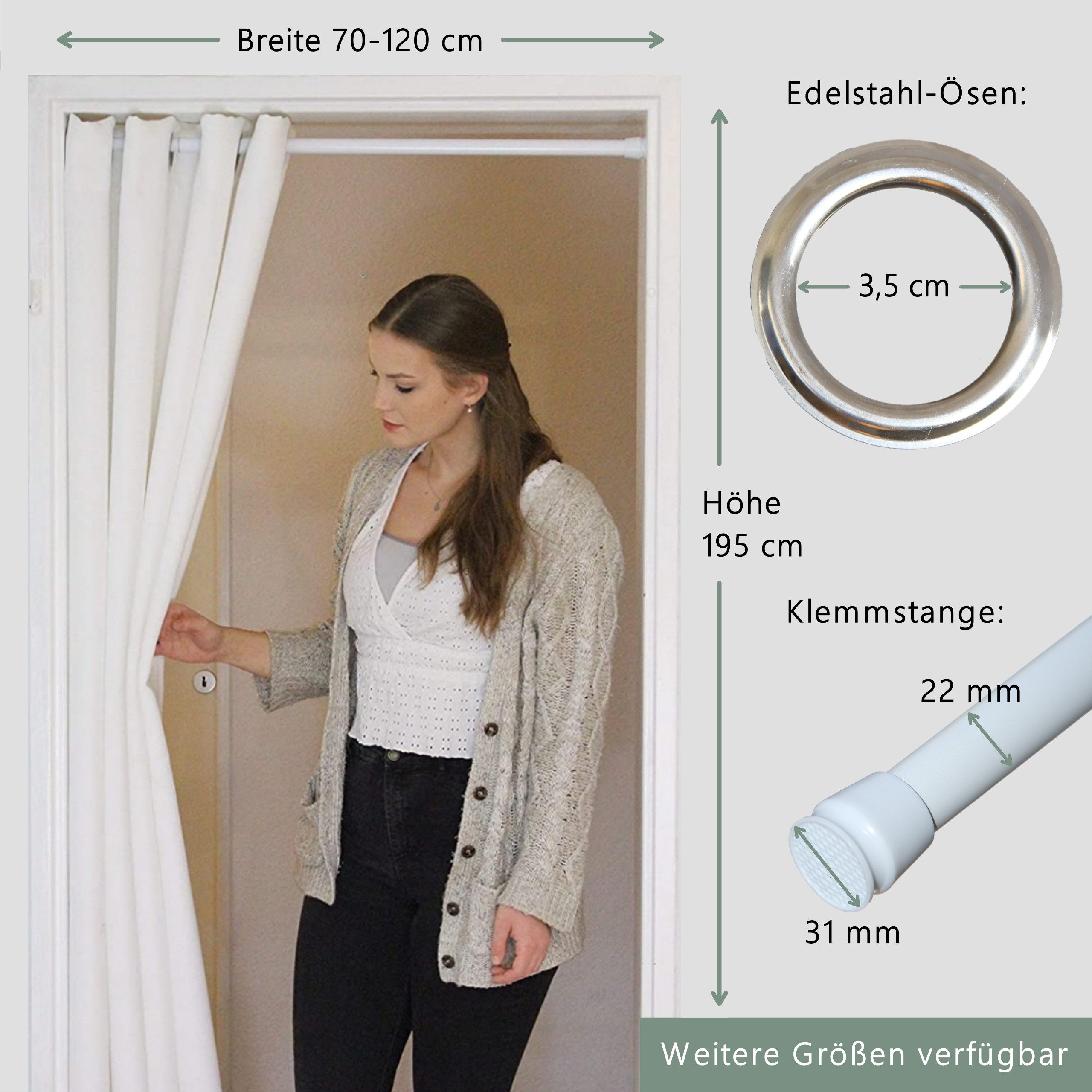 tinycurtains Türvorhang mit Stange weiß 70-120 cm Thermo Vorhang ohne Bohren, blickdicht, Ösen, verdunkelnd, Polyester, weiß Purity, Türgardine mit Klemmstange Raumtrenner Vorhang Tür