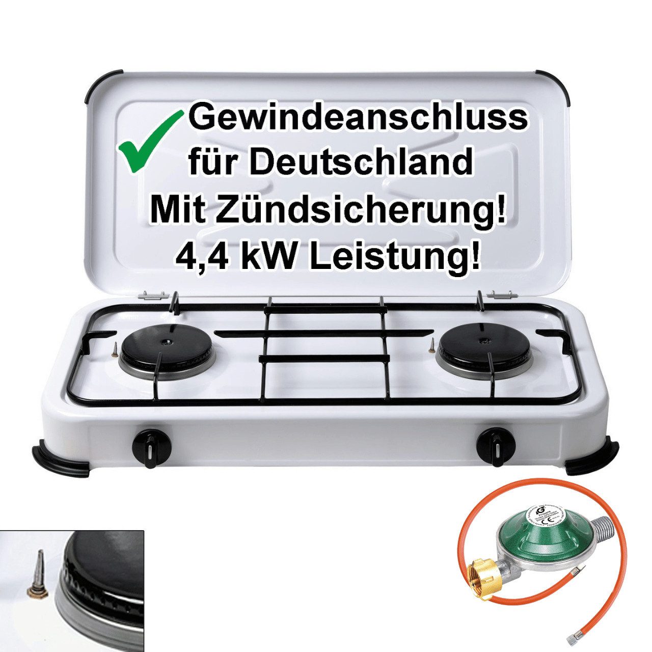 BlueCraft Gaskocher 2 flammig mit Zündsicherung 50mbar Propan Gas Campingkocher 4,4 kW, (mit Schlauch 100 cm und Gas Regler Druckminderer), Camping Gas Kocher 2 flammen für Gasflasche Gasherd Gas-Kochfeld
