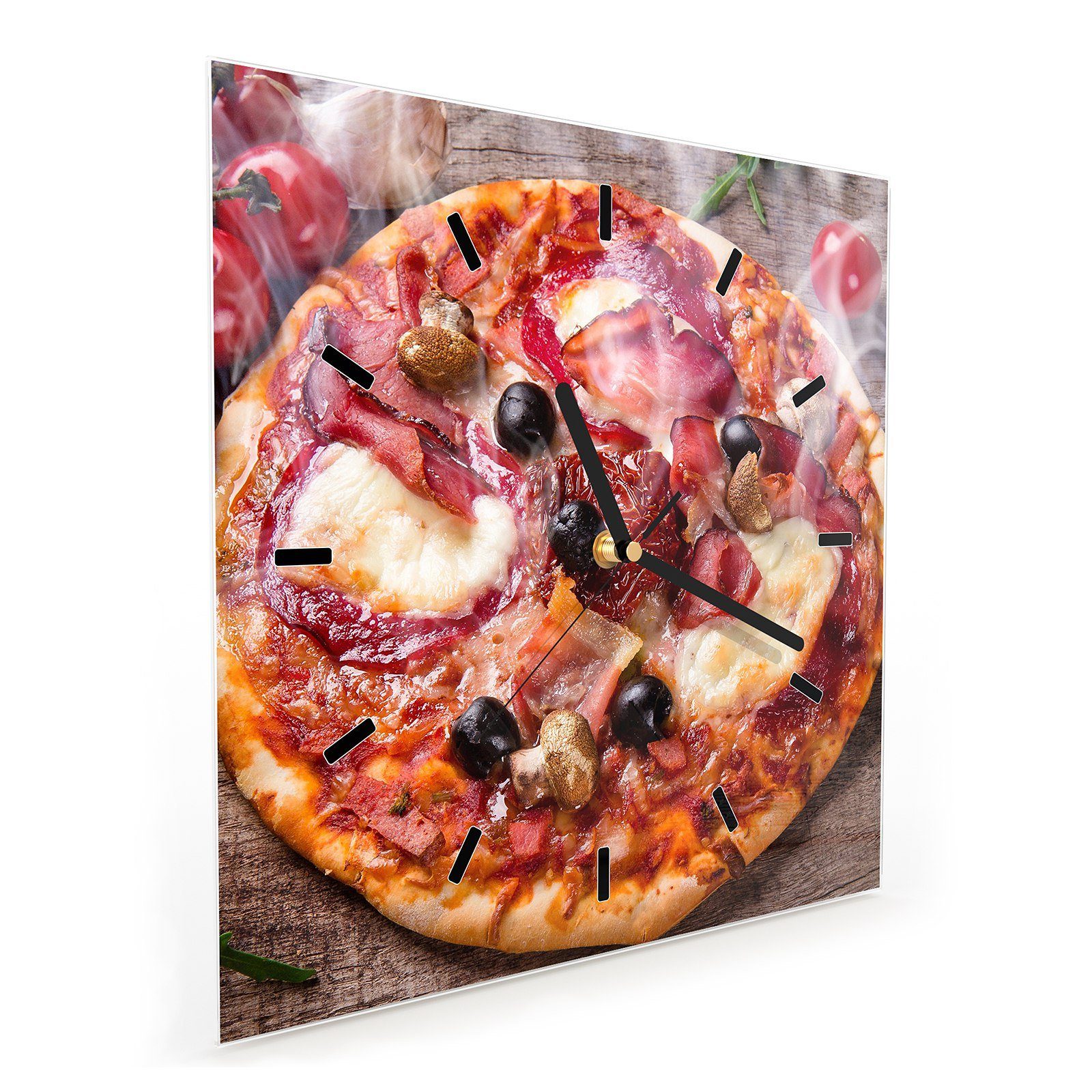 Primedeco Wanduhr Größe Wanduhr 30 Pizza Motiv Wandkunst mit heisse x Glasuhr 30 cm