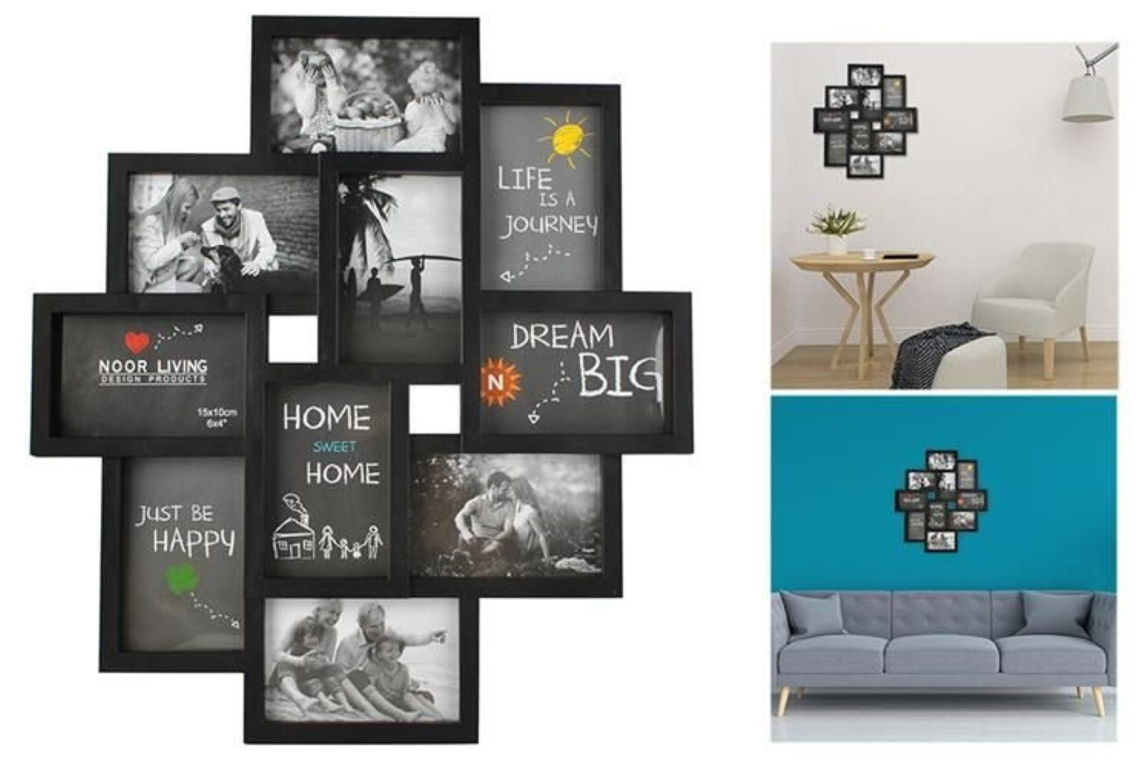 Ruhhy Bilderrahmen 10er Foto-Rahmen Collage mit Schutzfolie und Aufhängung. Weiß Schwarz, für 10 Bilder (Fotorahmen-Set für bis zu 10 Bilder in einem praktischen Design), Inklusive 10 Fotohalter, perfekt für eine kreative Collage, Platz für 10 Fotos, aus Kunststoff, sicher für Kinder.