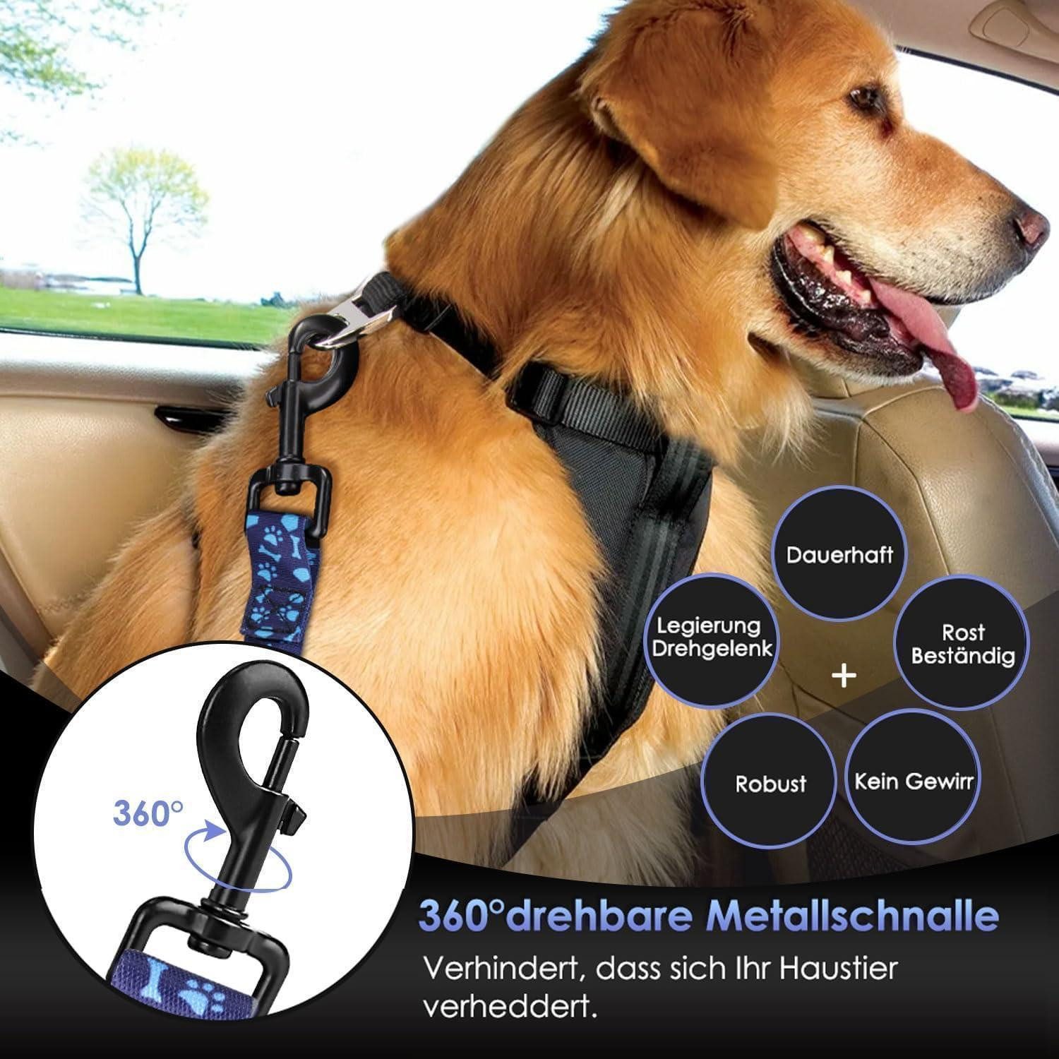 LuxusKollektion Autohundegeschirr Hundesicherheitsgurt verstellbar Ruckdämpfung 3in1 Auto 90CM Blau