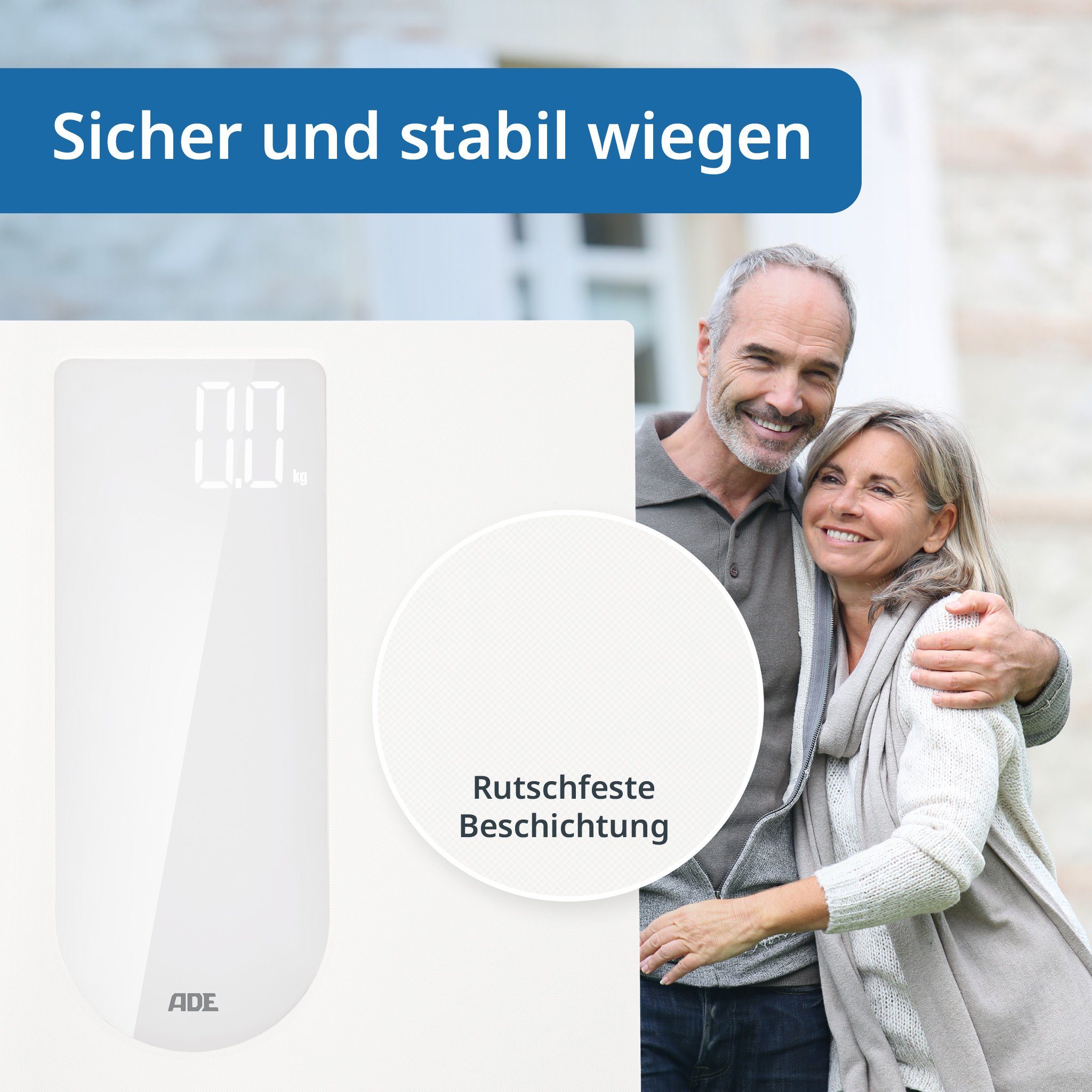 ADE Personenwaage Digitale Körperwaage, rutschfeste Oberfläche, mit Sicherheitsglas, Magic-LED-Display & Tragkraft von 180kg, schwarz