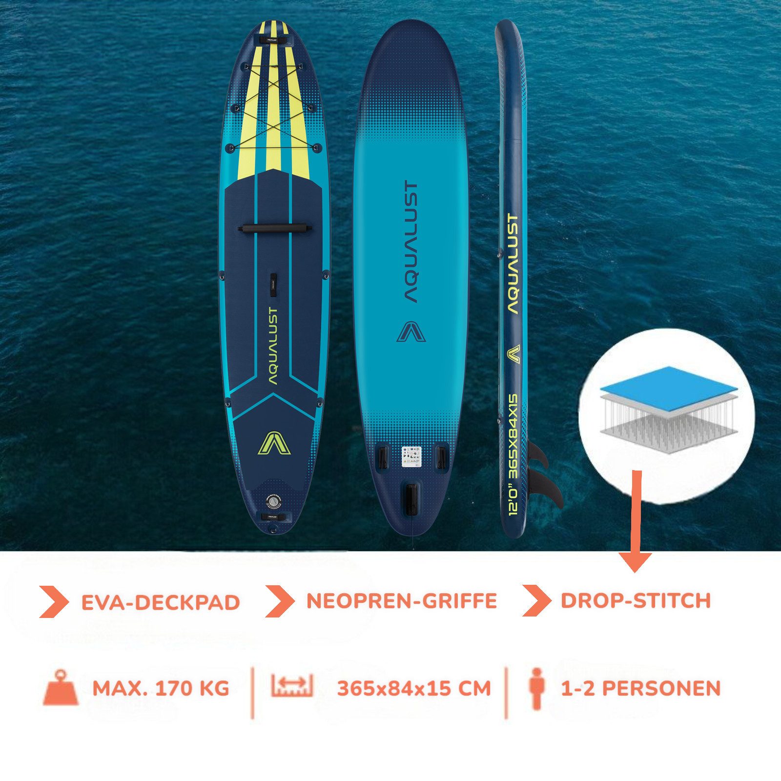 Aqualust SUP-Board AQUALUST 12.0 SUP BOARD 365 cm Set mit Aqua Marina BlueDrive S Motor