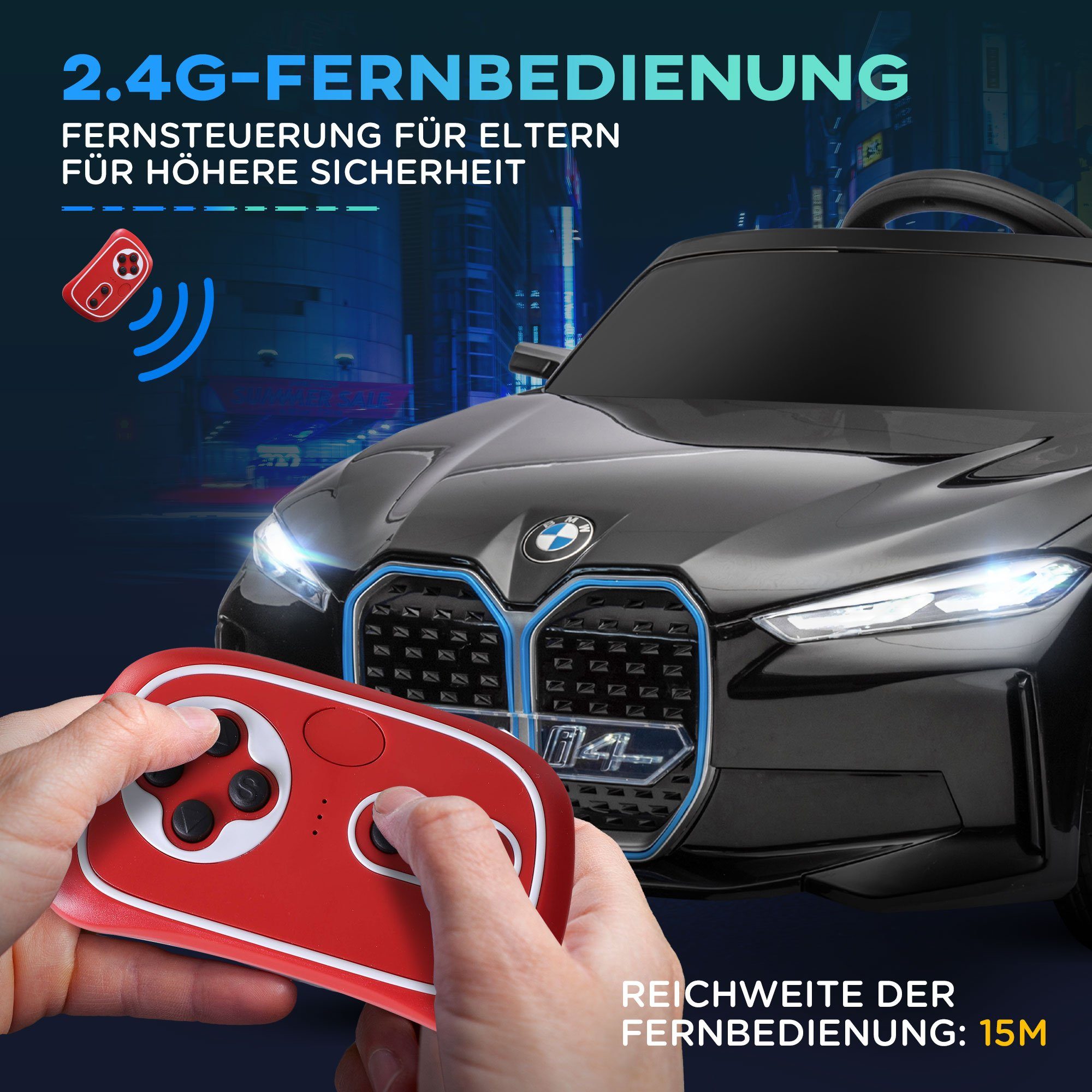 HOMCOM Elektro-Kinderauto Kinder Elektroauto, Elektrisches Kinderfahrzeug mit Scheinwerfer, Belastbarkeit 30 kg, (1-tlg), mit Fernbedienung, Schwarz – Bild 5 von 5