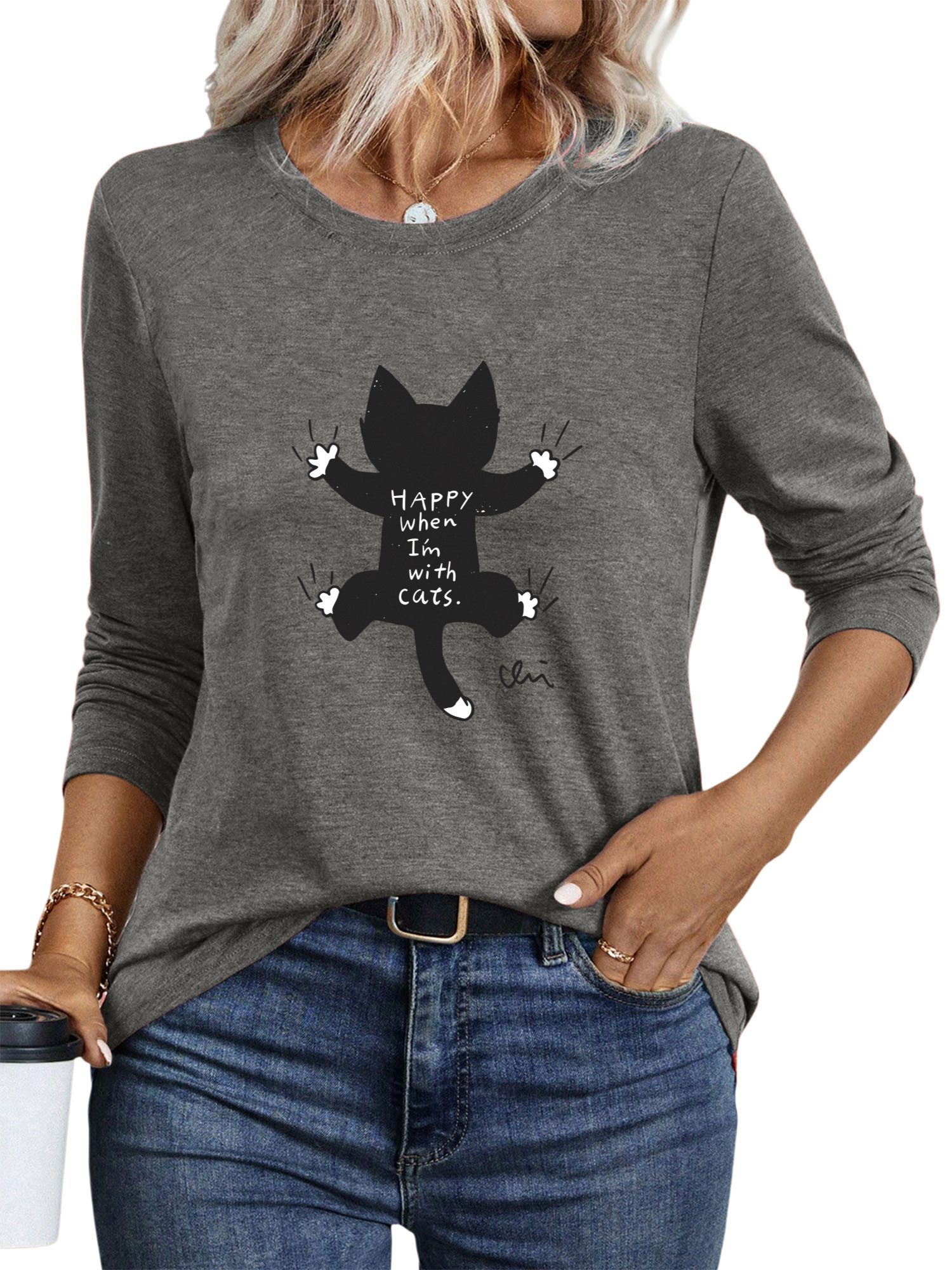 PYLIKE Longsleeve Shirts Damen süße Katze Ausgefallene bequemes Langarmshirt Geeignet für den täglichen Gebrauch im Büro und zu Hause
