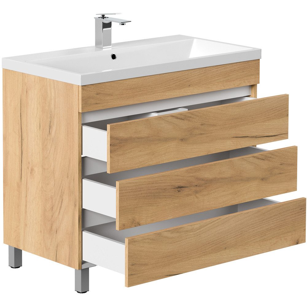 Lomadox Waschtisch FROME-02, 90 cm, stehend, Eiche, mit 3 Schubalden