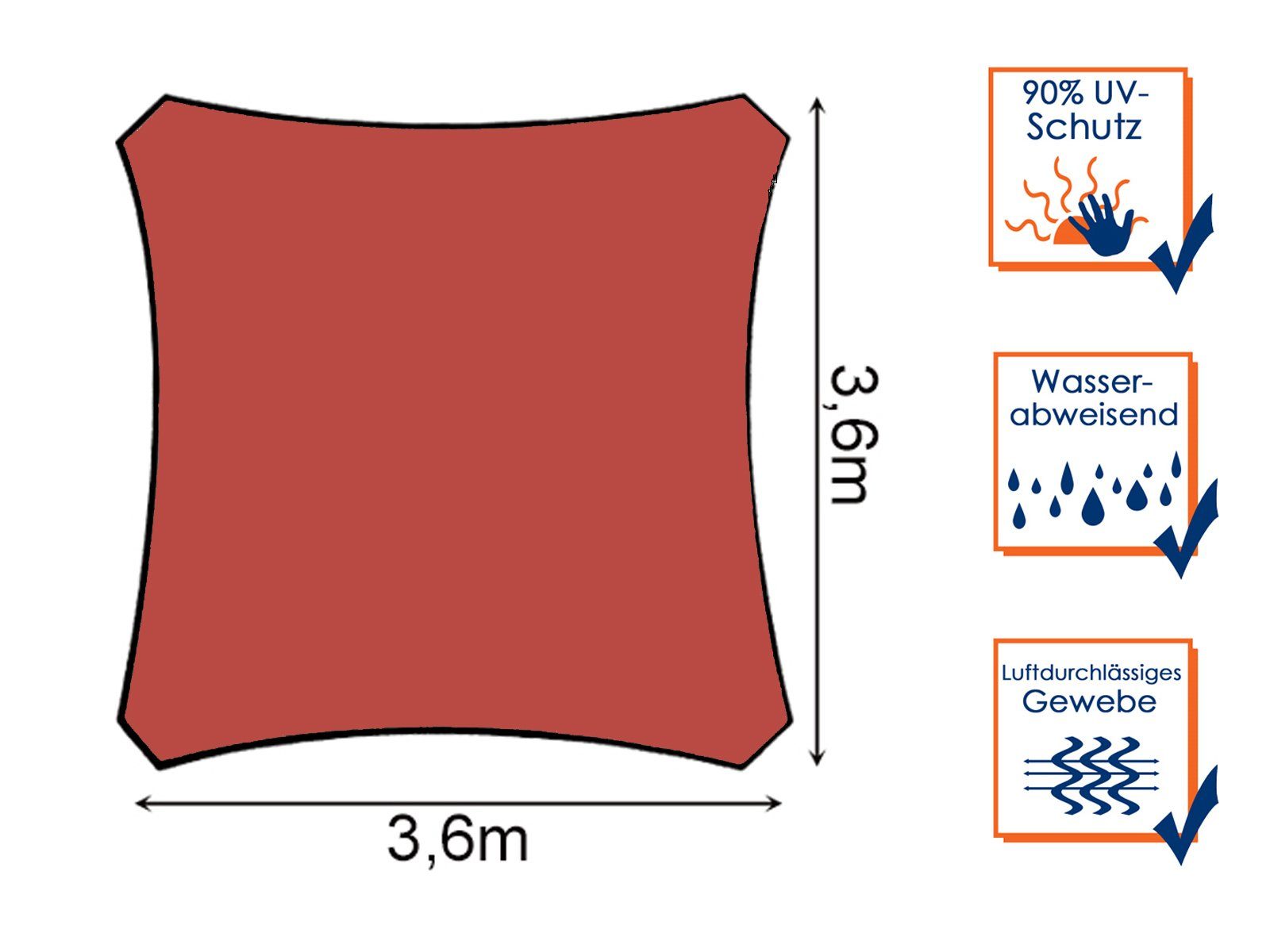 PEREL Sonnensegel, quadratisch 3,6 - 5x5m für Terrasse Balkon & Garten Sonnenschutz-Segel