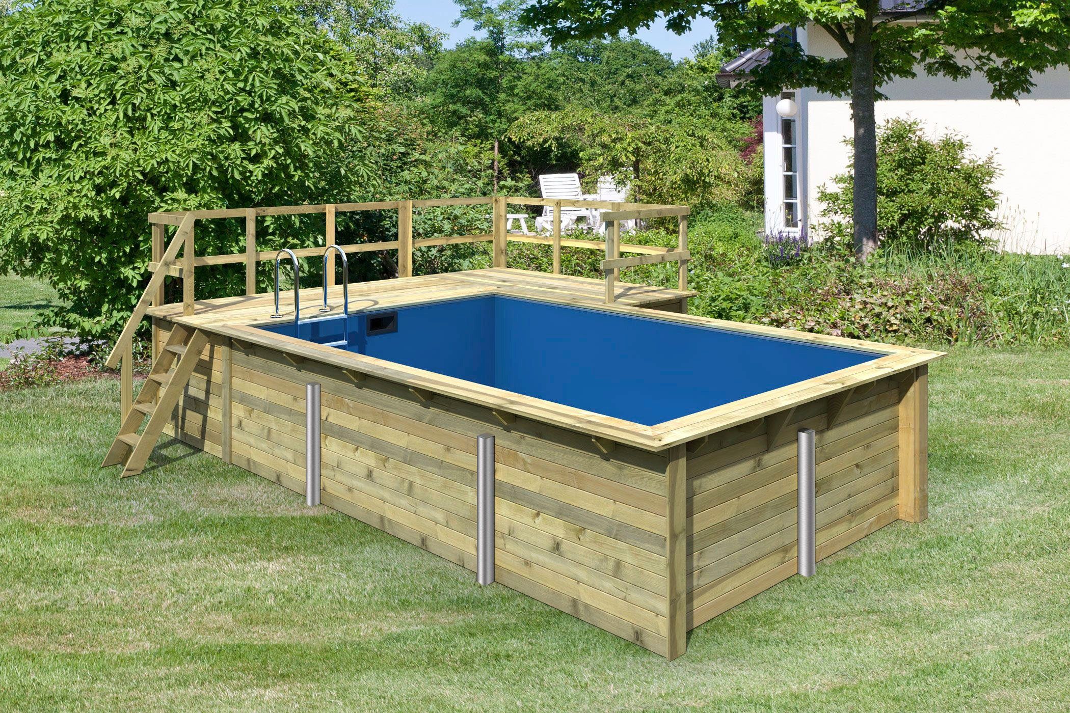 Karibu Rechteckpool Malta B BxLxH: 353x530x124 cm mit Sonnendeck und Ecke (Set), 44 mm starke kesseldruckimprägnierte Holzbohlen aus Fichtenholz
