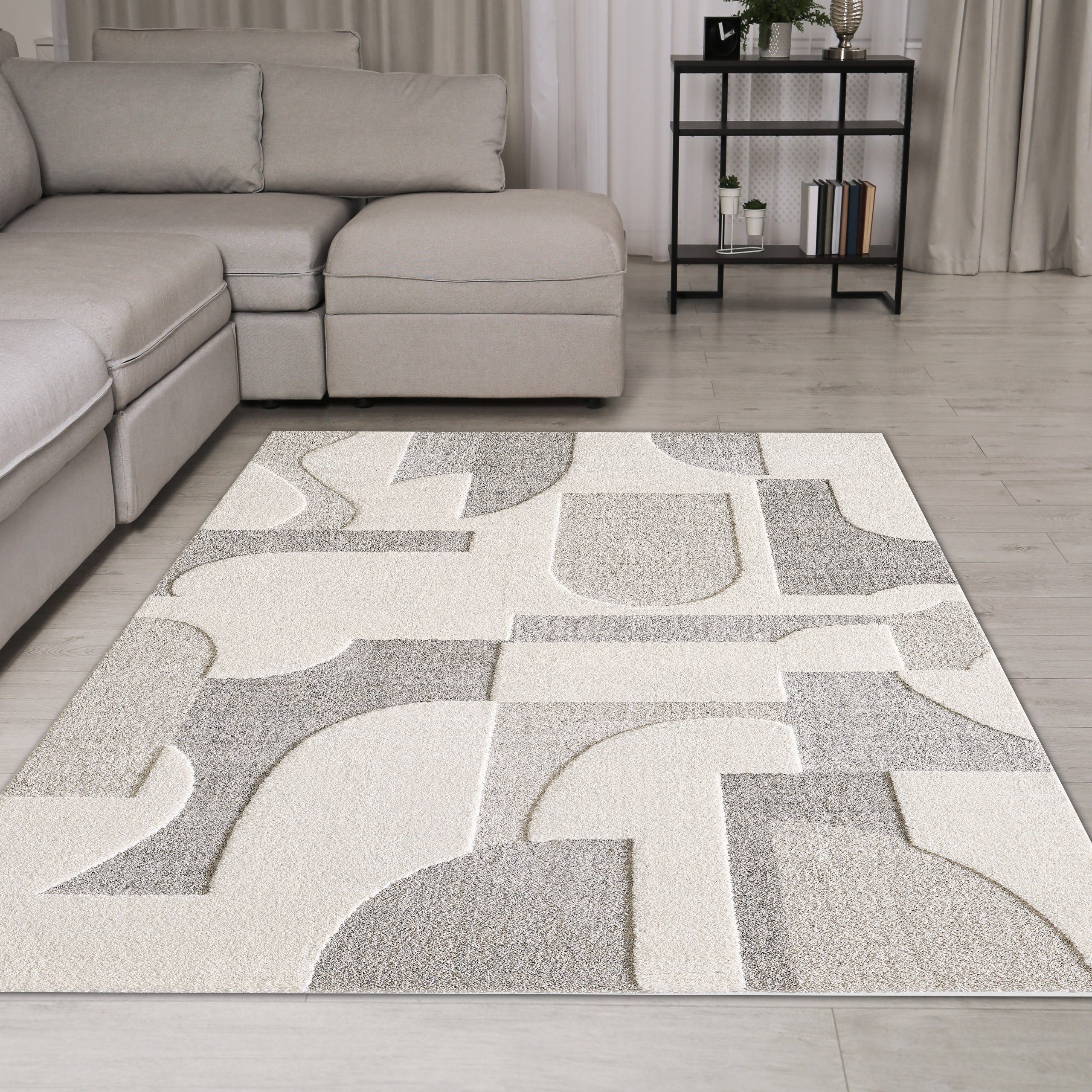 Teppich Designer Teppich in Creme mit geometrischen Mustern, TeppichHome24, rechteckig
