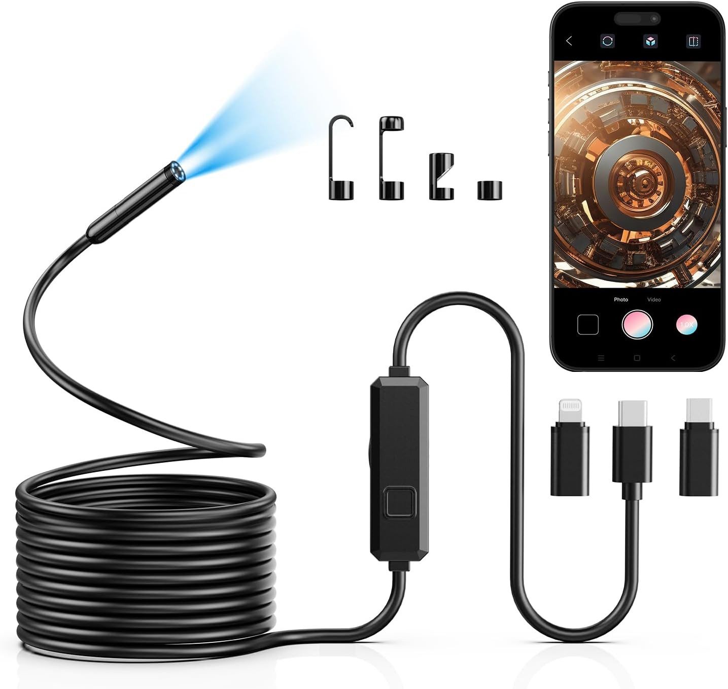 AIMAX Endoskopkamera mit Licht, 8 mm Inspektionskamera, 5 m Kabel, 2 MP Inspektionskamera (Handy Endoskop mit 8 LEDs, IP67 Rohrkamera für Android & iOS)