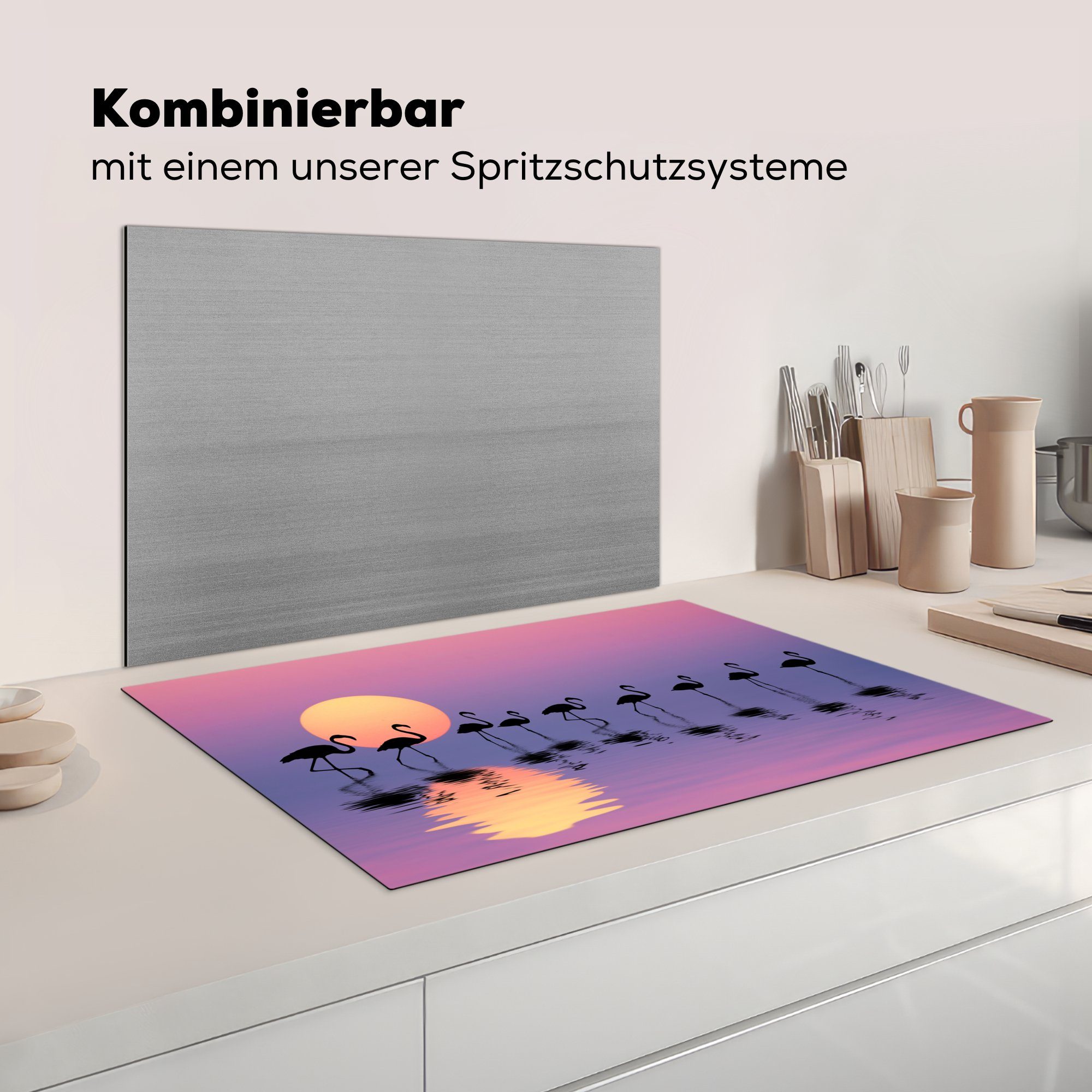 - tlg), (1 Vinyl, 81x52 Induktionskochfeld Herdblende-/Abdeckplatte Ceranfeldabdeckung Spiegelung, cm, Flamingo für Schutz die - küche, Wasser MuchoWow