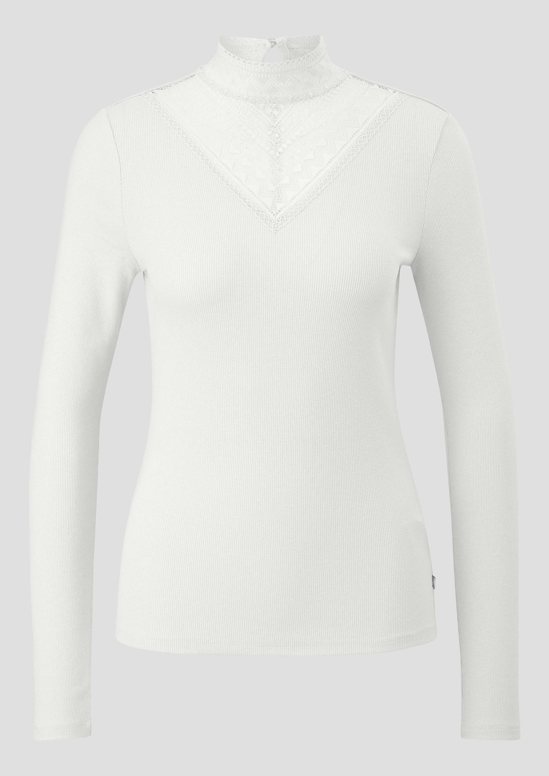 QS Langarmshirt T-Shirt Rippshirt mit Spitzeneinsatz und Stehkragen