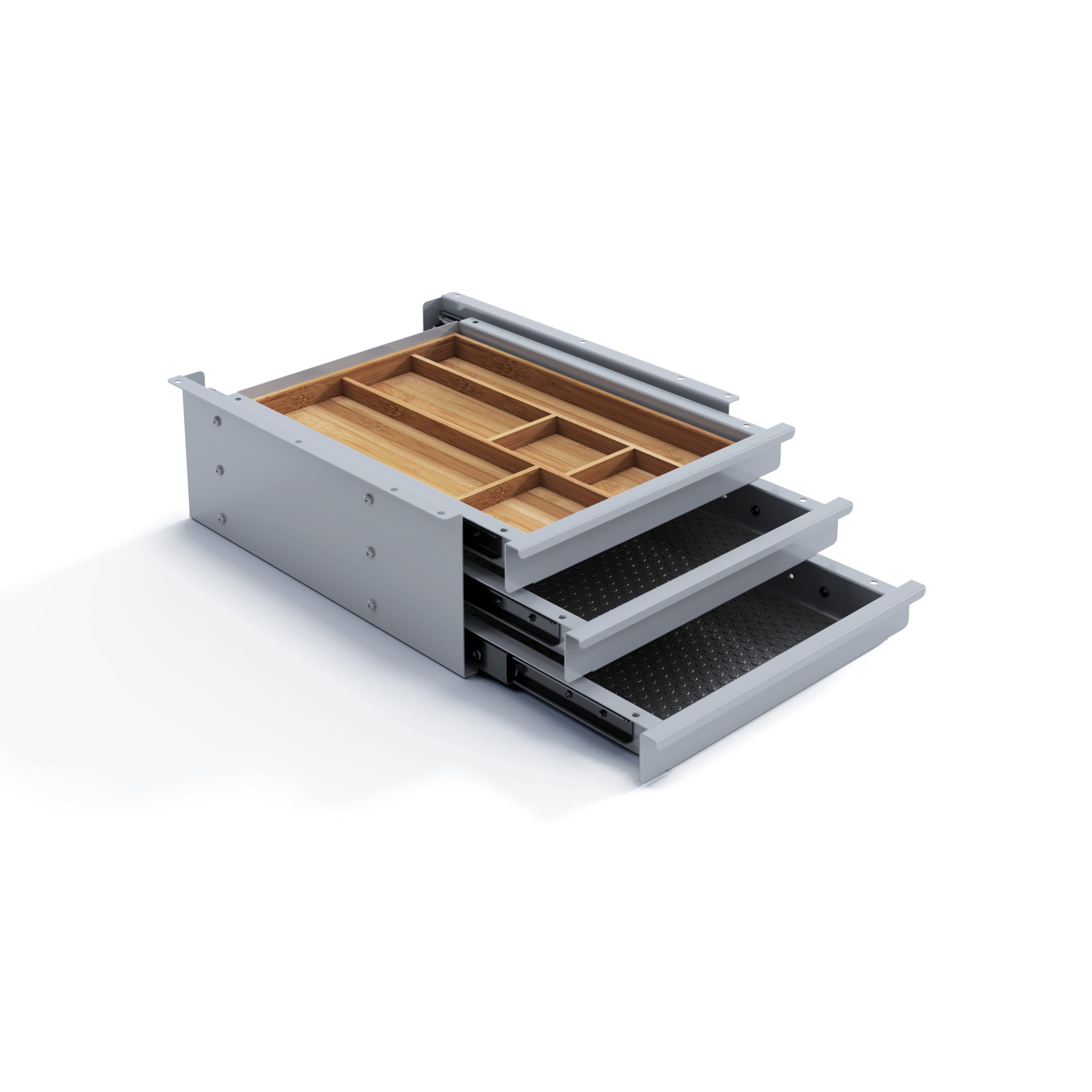 Actiforce Schubladenbox TRI PRO, (Schreibtisch Unterbauschublade, Stiftablage, Organizer, Schubladenauszug, Utensilien-Auszug, 3-Fach Unterbauschublade Box, Vollauszug, inkl. Bambus-Einlage), zur Befestigung unterhalb der Arbeitsplatte mit praktischer Einlage