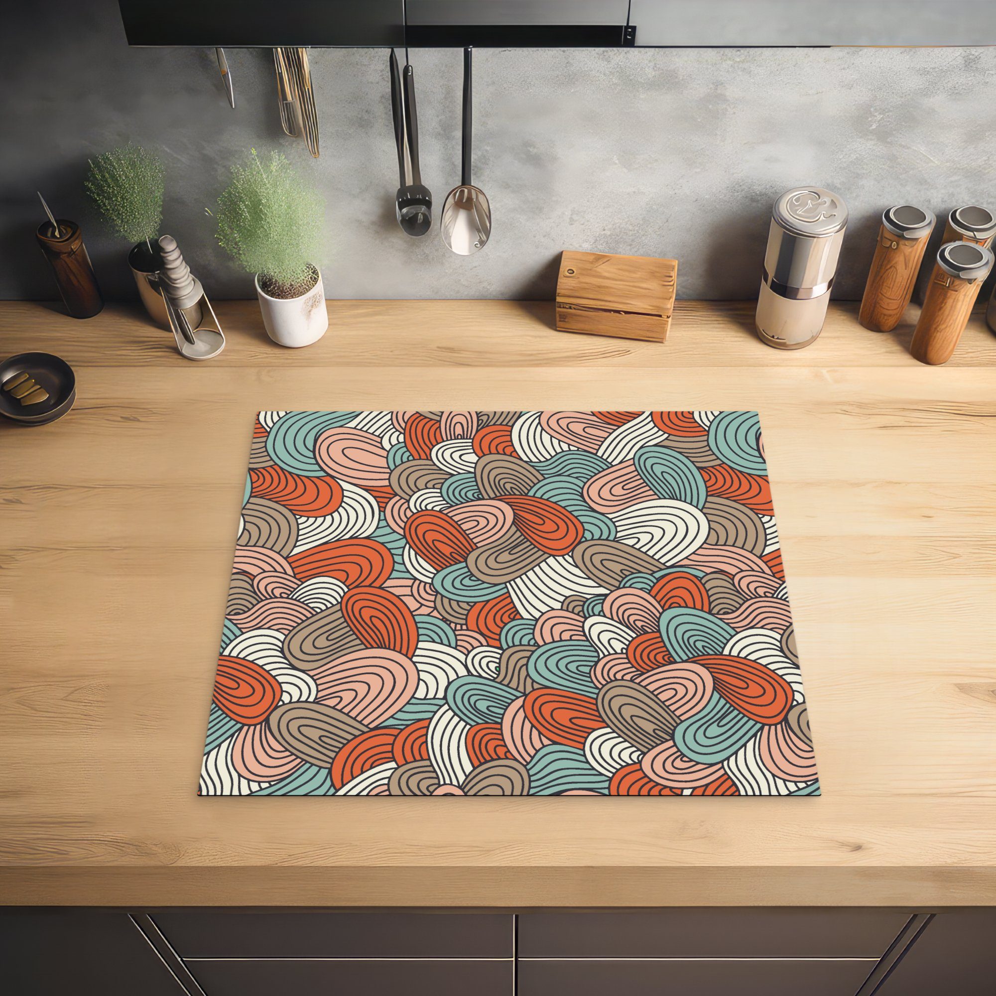 MuchoWow Herdblende-/Abdeckplatte Boho - Abstrakt, 59x52 - die küche, für Induktionsmatte Ceranfeldabdeckung tlg), Muster Linienkunst - (1 cm, Vinyl