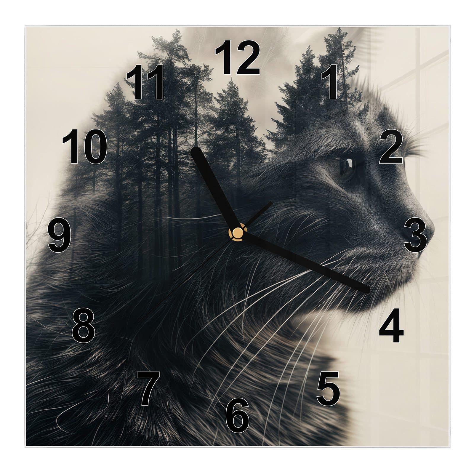 Wanduhr Glasuhr Wanduhr Wandkunst Größe 30 x 30 cm mit Motiv Waldkatze