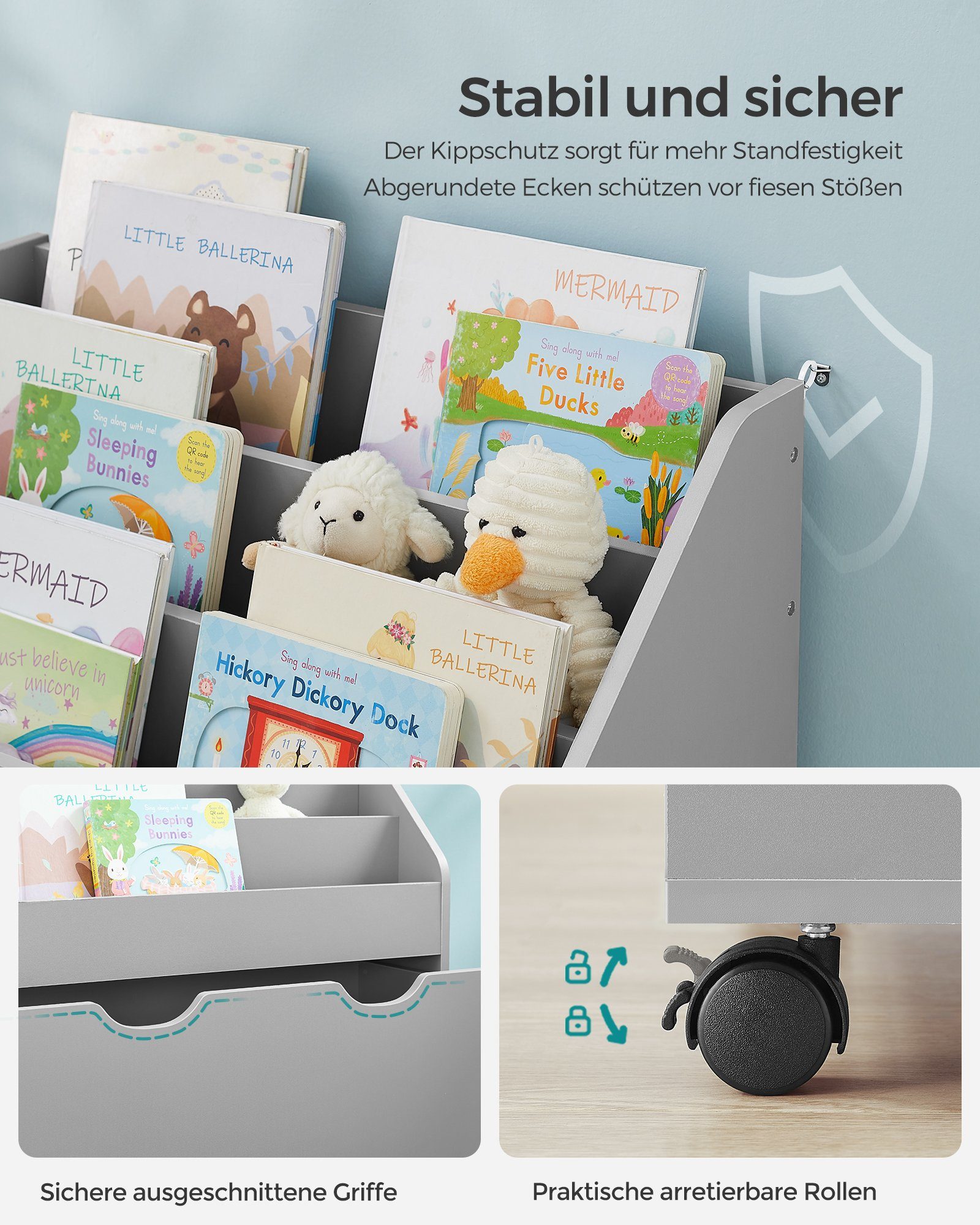 SONGMICS Spielzeugtruhe Bücherregal für Kinder, Kinderregal, mit Kippschutz, auf Rollen, 70cm Höhe