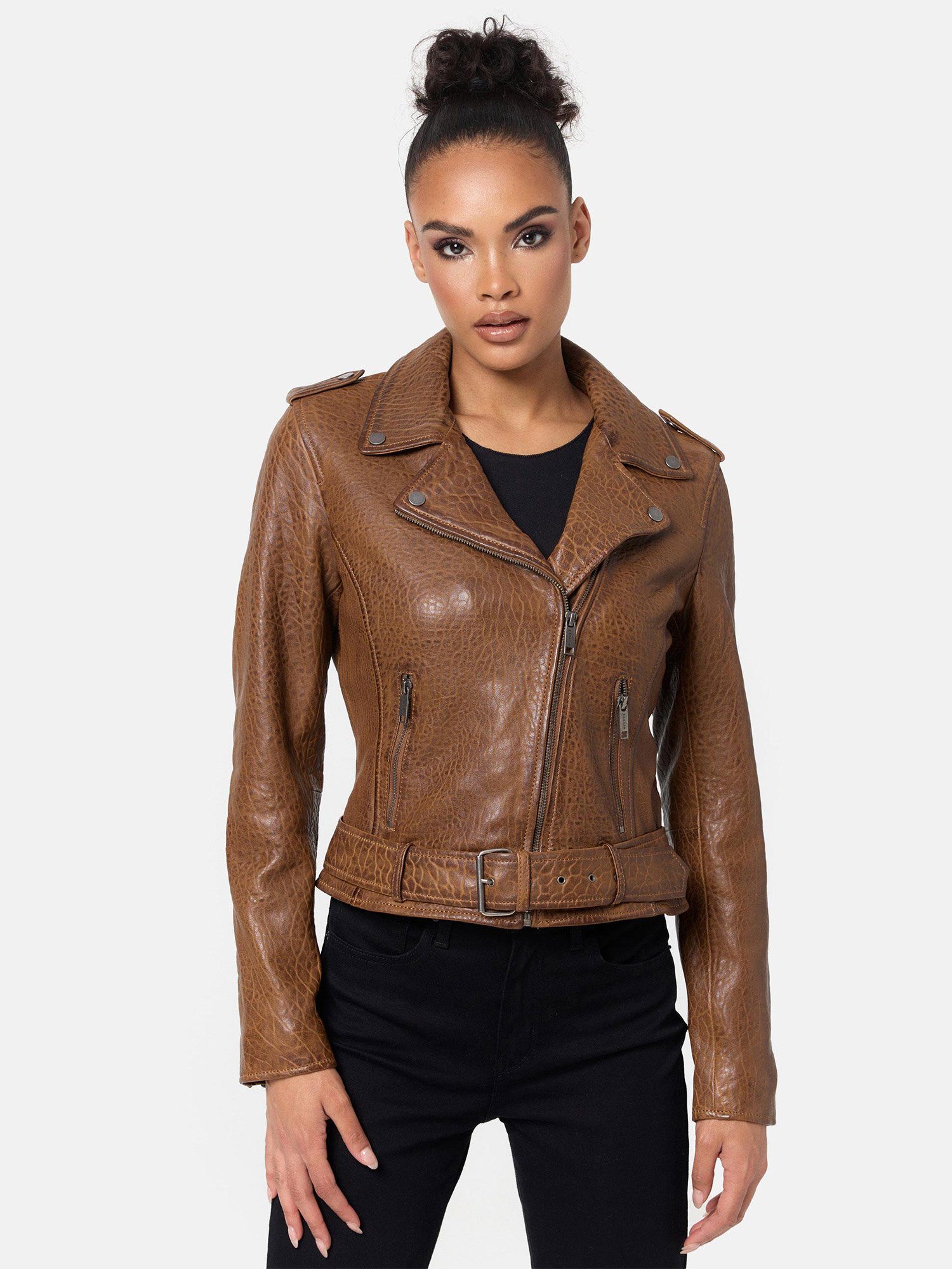 Tazzio Lederjacke F508 Biker Look mit coolen Zipper-Details & Reverskragen Cognac