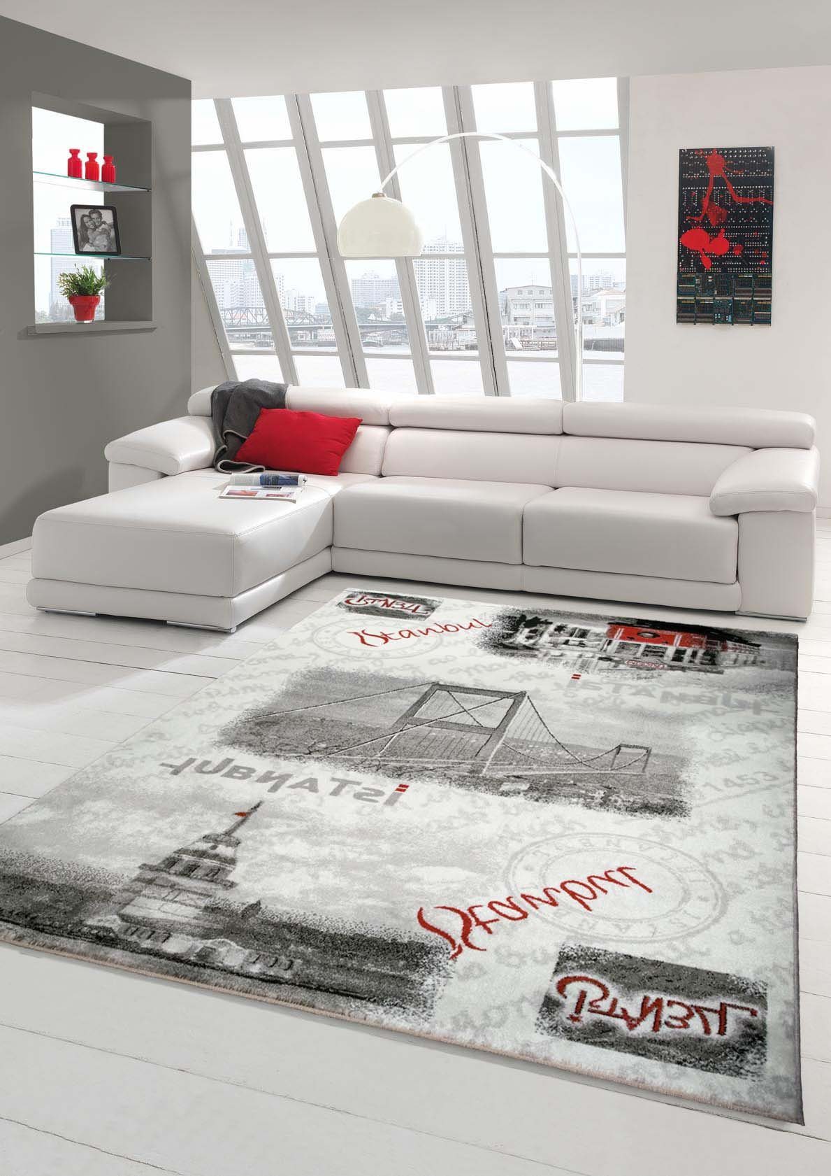 Teppich Designer Teppich Moderner Teppich Wohnzimmer Teppich Istanbul Motiv Grau Creme Rot Schwarz, Teppich-Traum, rechteckig, Höhe: 11 mm