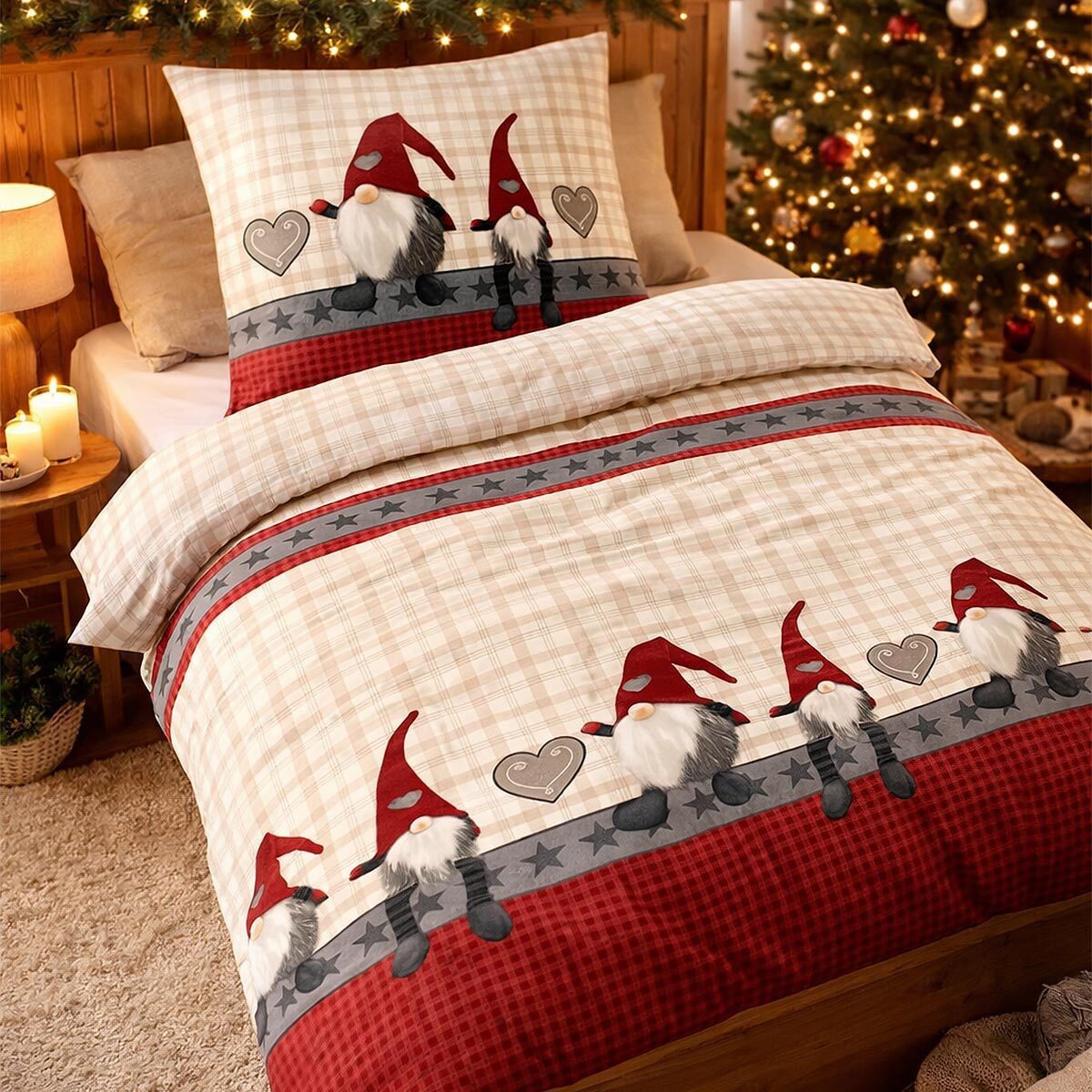 TRAUMSCHLAF Bettwäsche Wichtelmänner, Biber, 2 teilig, mit weihnachtlichem Design