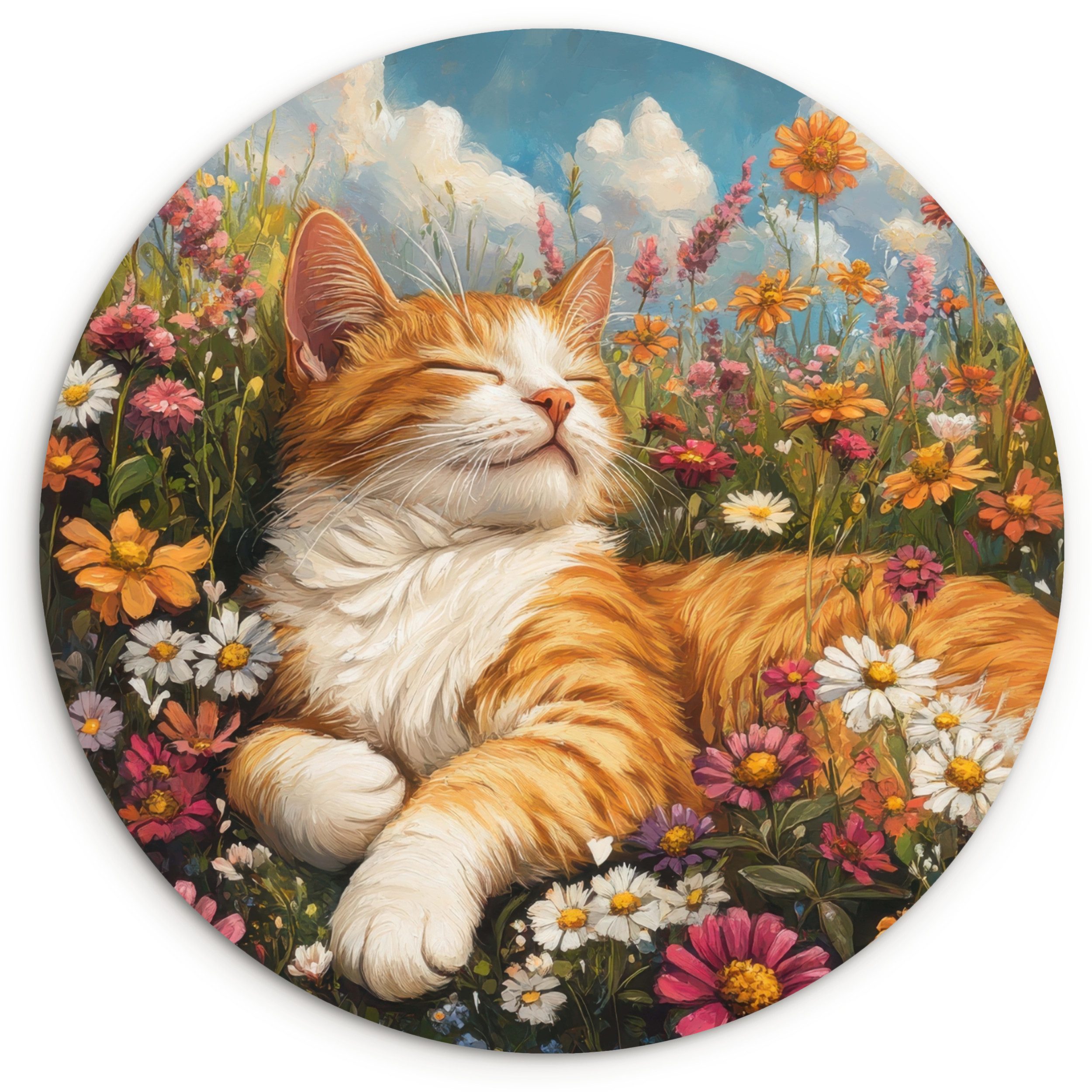 MuchoWow Gemälde Katze - Blumen - Entspannen, Fotodruck (1 St), Kreis Wanddekoration, Rundes Wandbild, 30x30 cm